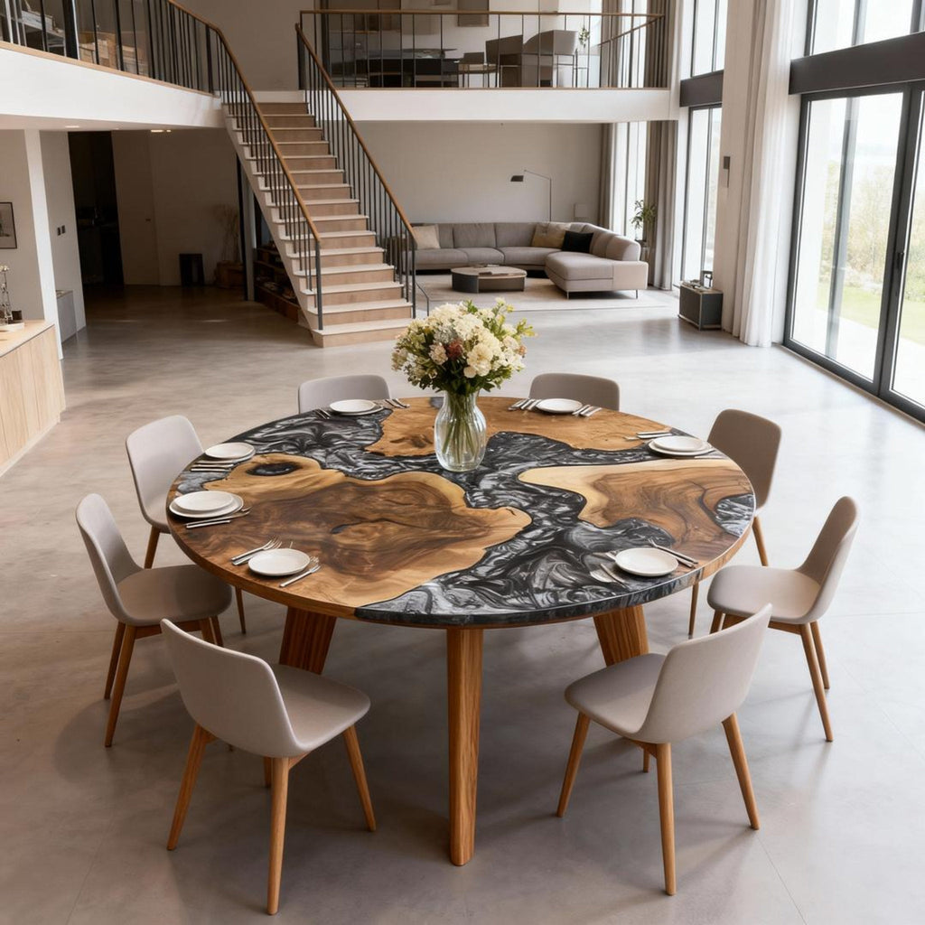 Table rivière sur mesure en bois d'olivier et résine époxy Black Pearl LQJ-472