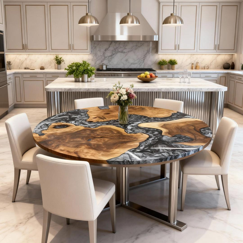 Table rivière sur mesure en bois d'olivier et résine époxy Black Pearl LQJ-472