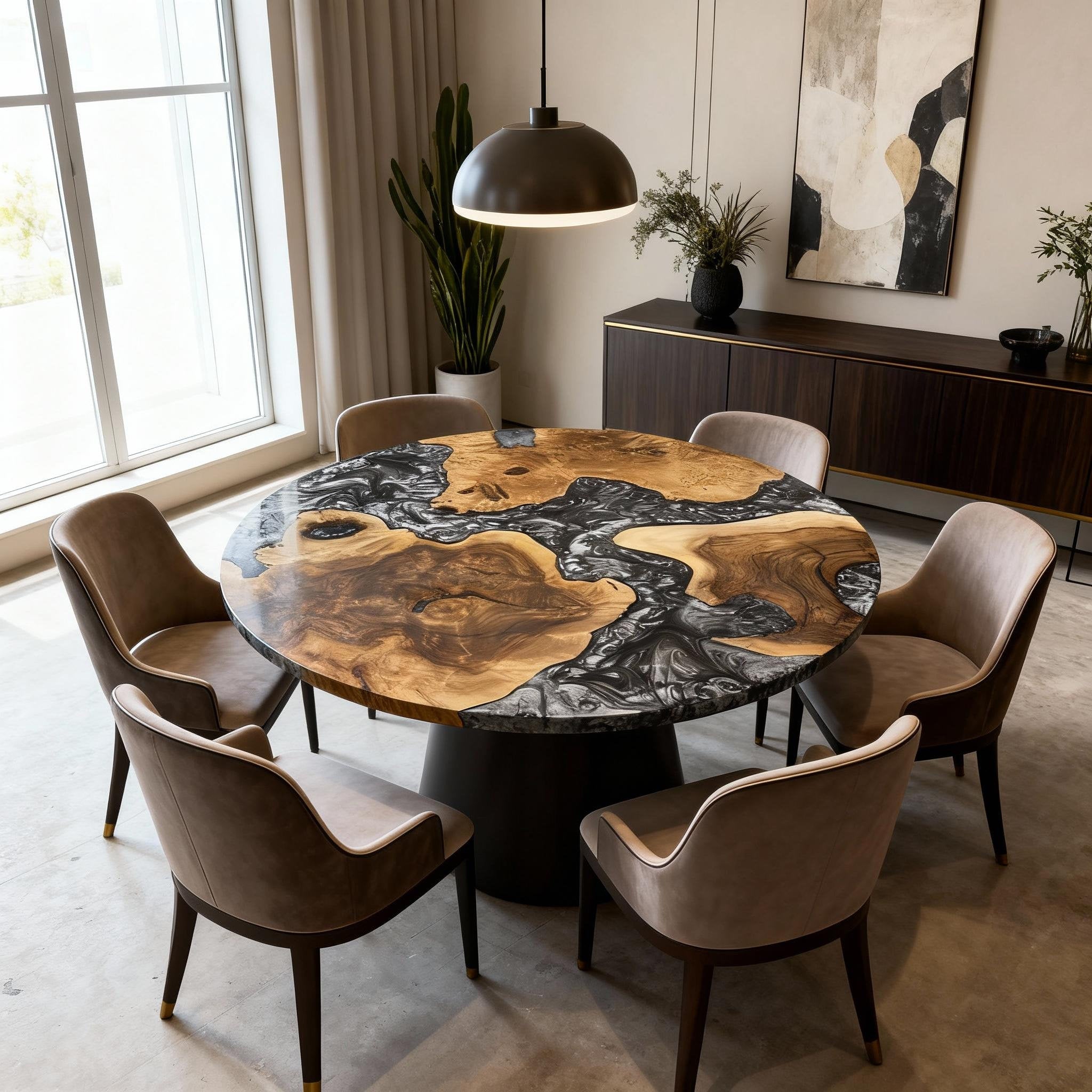 Table rivière sur mesure en bois d'olivier et résine époxy Black Pearl LQJ-472