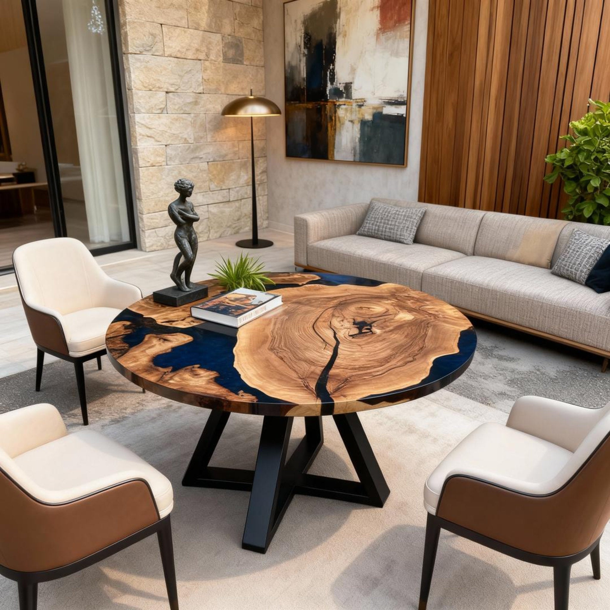 Table rivière sur mesure en bois d'olivier et résine époxy Black Pearl QJD-473