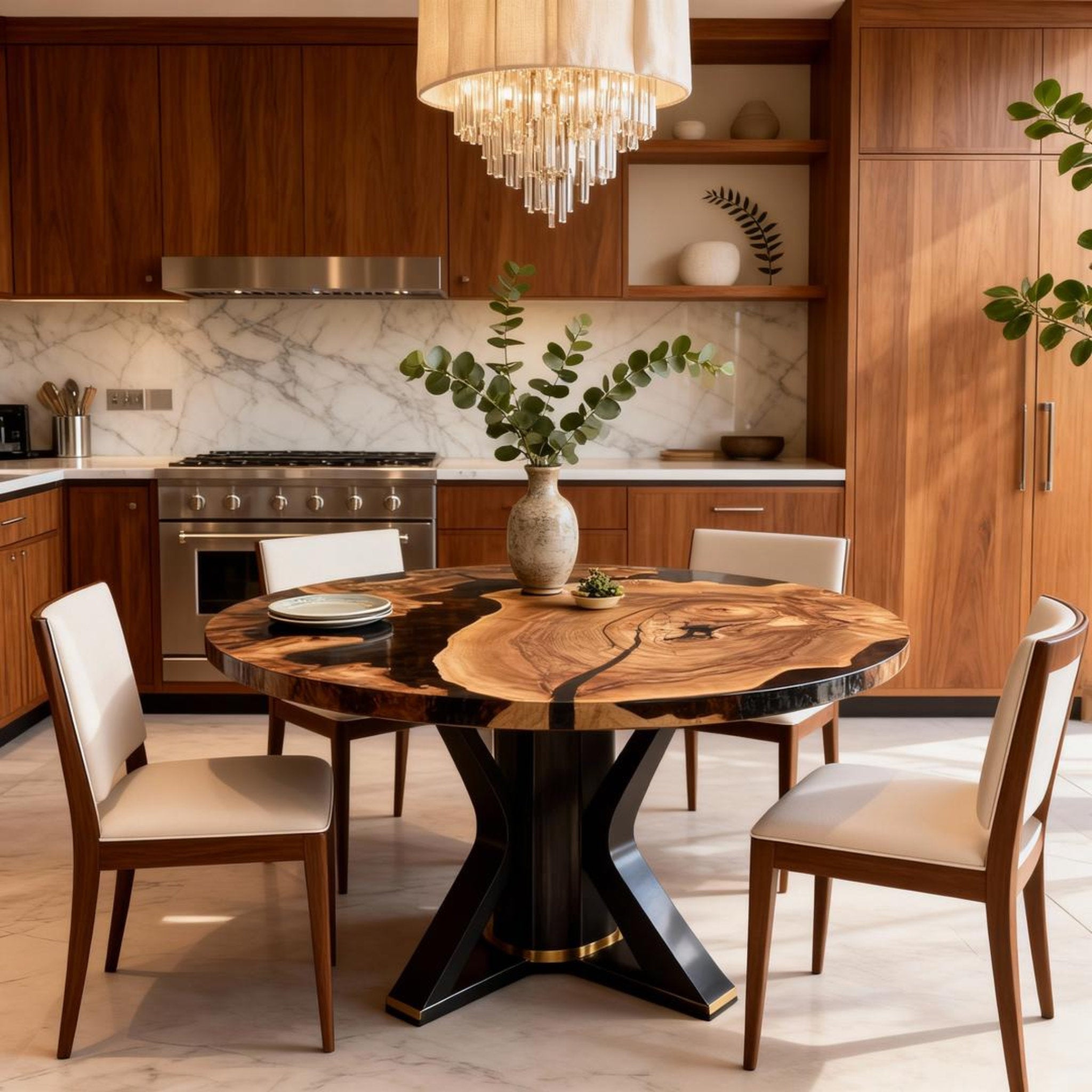 Table rivière sur mesure en bois d'olivier et résine époxy Black Pearl QJD-473