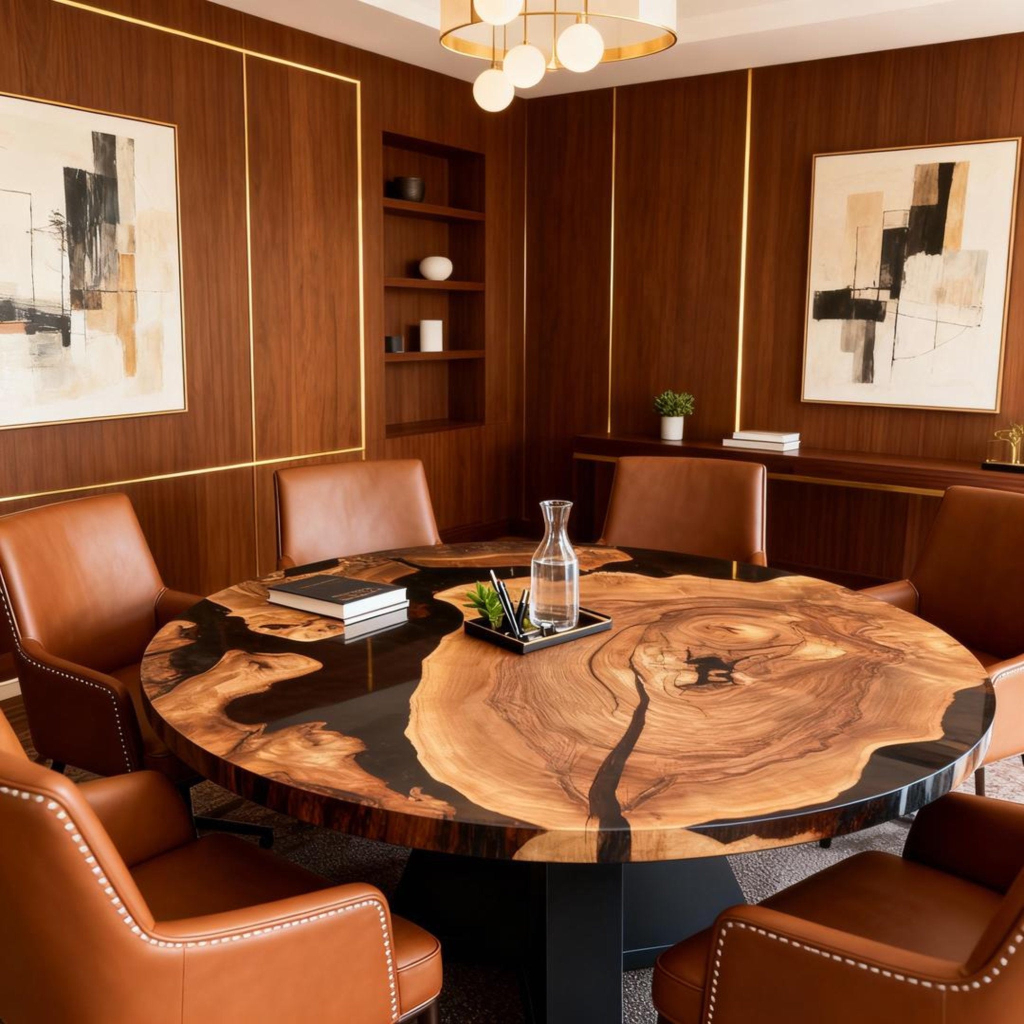 Table rivière sur mesure en bois d'olivier et résine époxy Black Pearl QJD-473