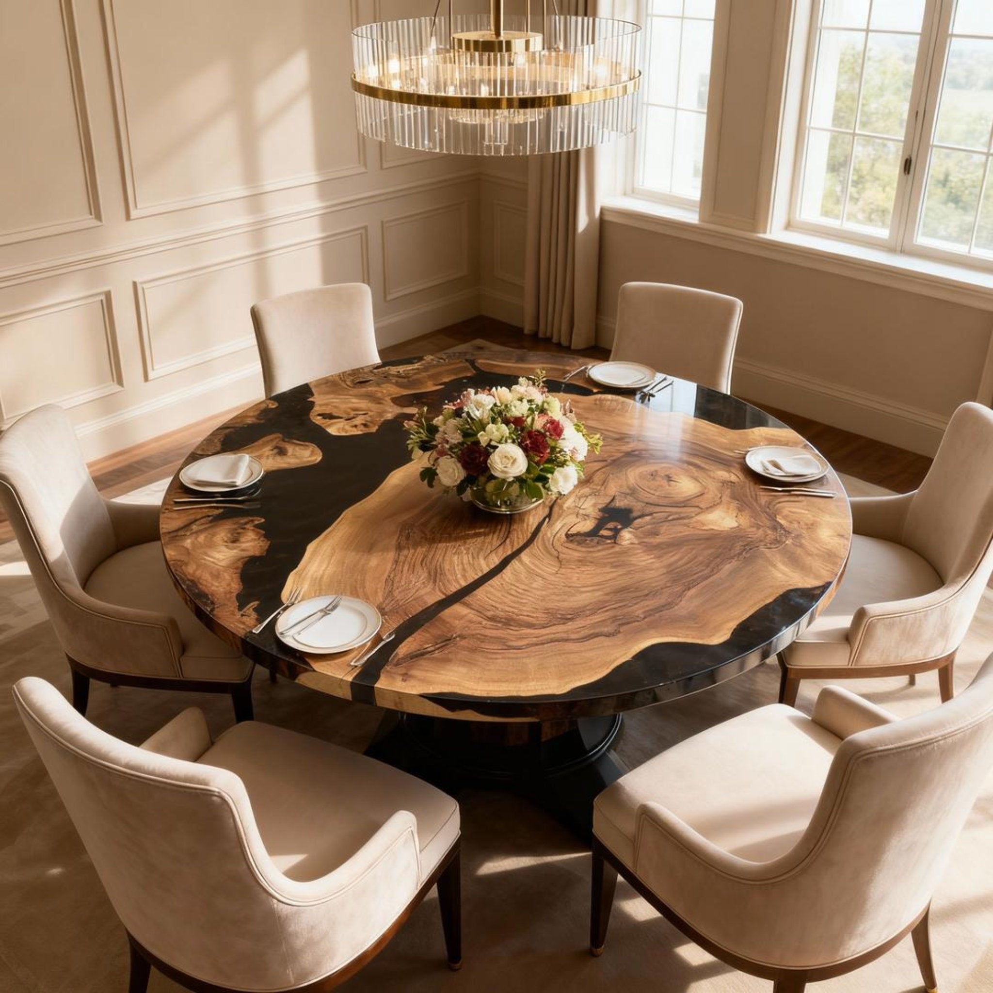 Table rivière sur mesure en bois d'olivier et résine époxy Black Pearl QJD-473