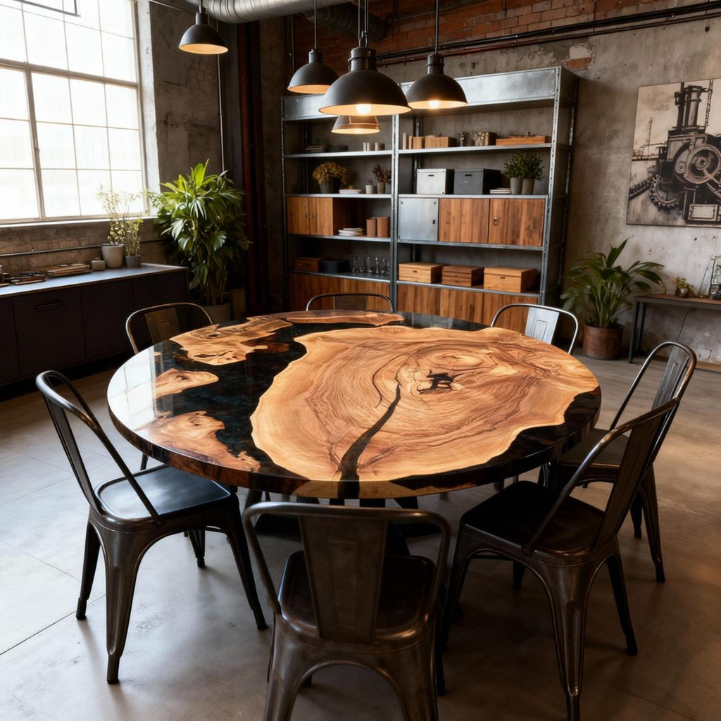 Table rivière sur mesure en bois d'olivier et résine époxy Black Pearl QJD-473