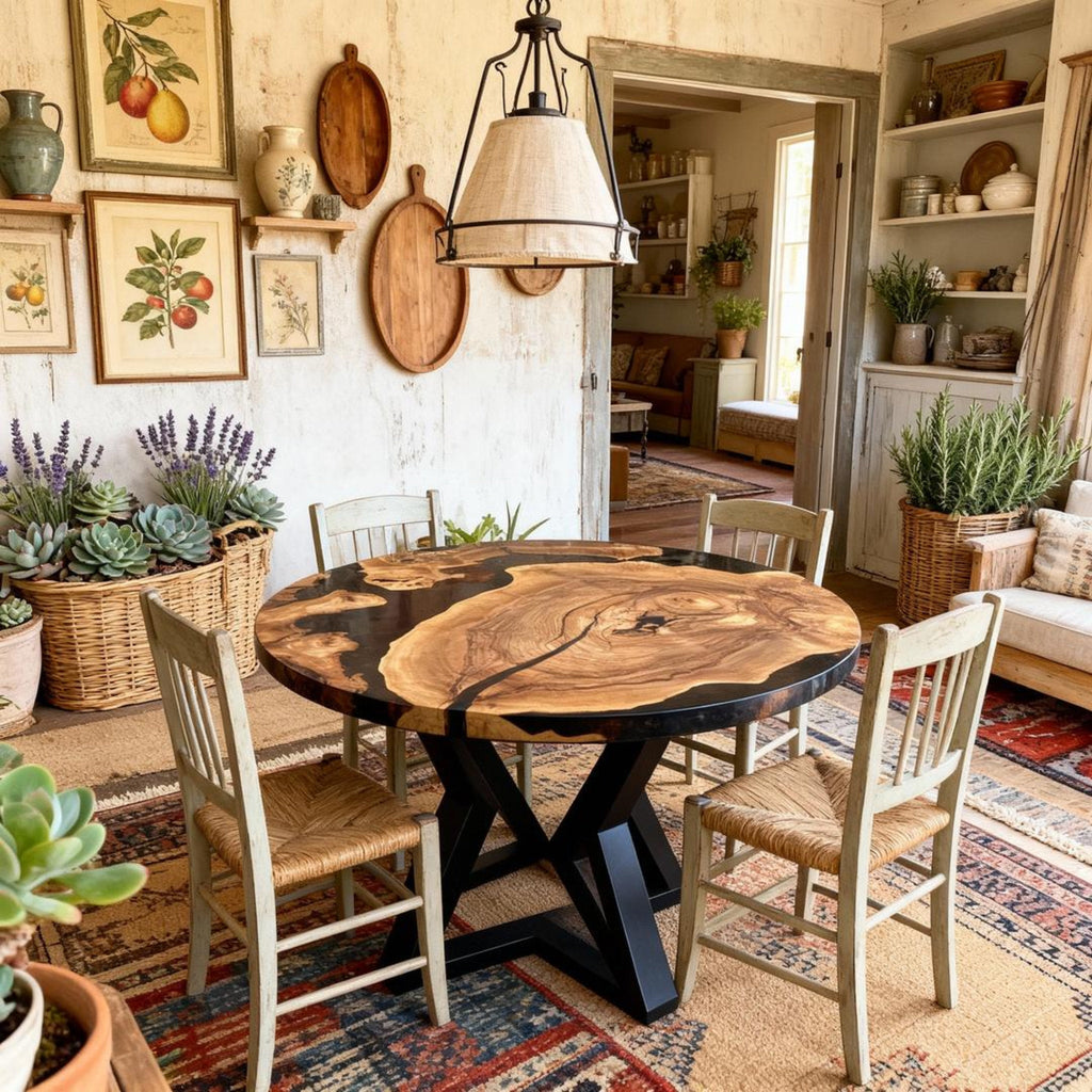 Table rivière sur mesure en bois d'olivier et résine époxy Black Pearl QJD-473