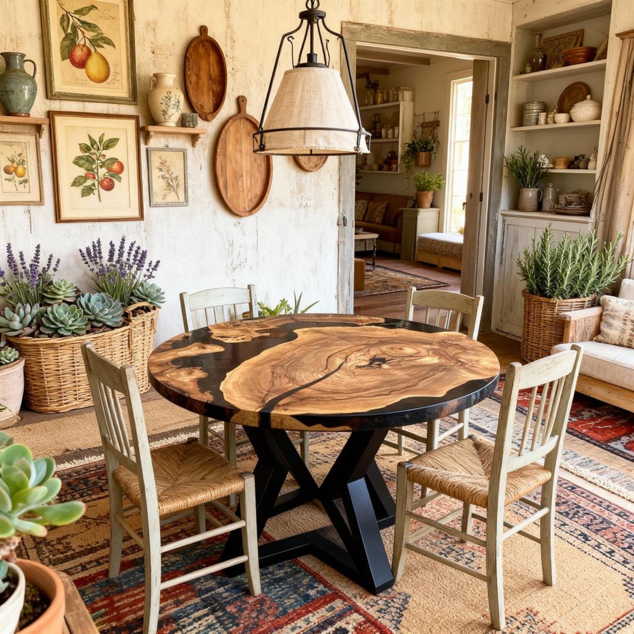 Table rivière sur mesure en bois d'olivier et résine époxy Black Pearl QJD-473