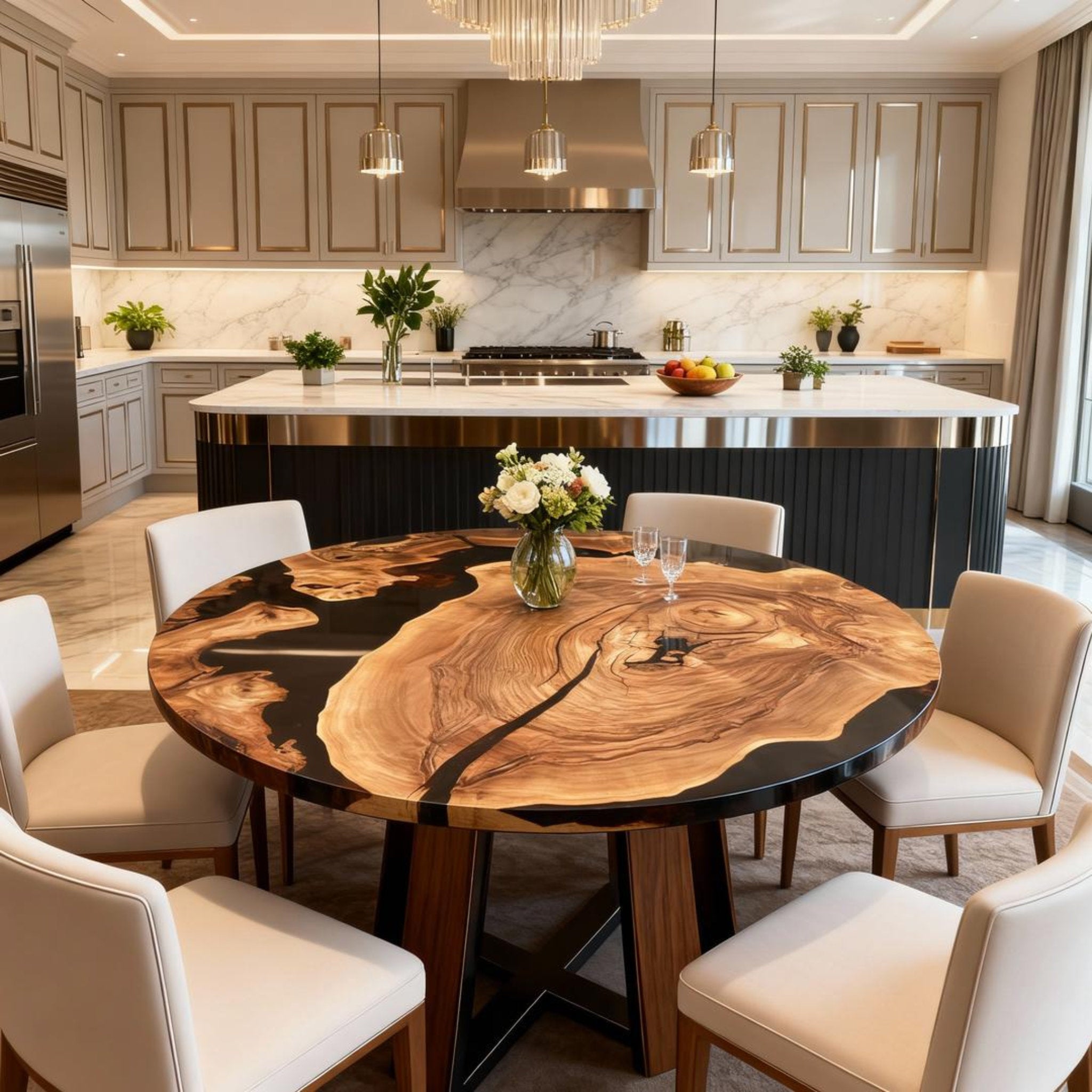 Table rivière sur mesure en bois d'olivier et résine époxy Black Pearl QJD-473