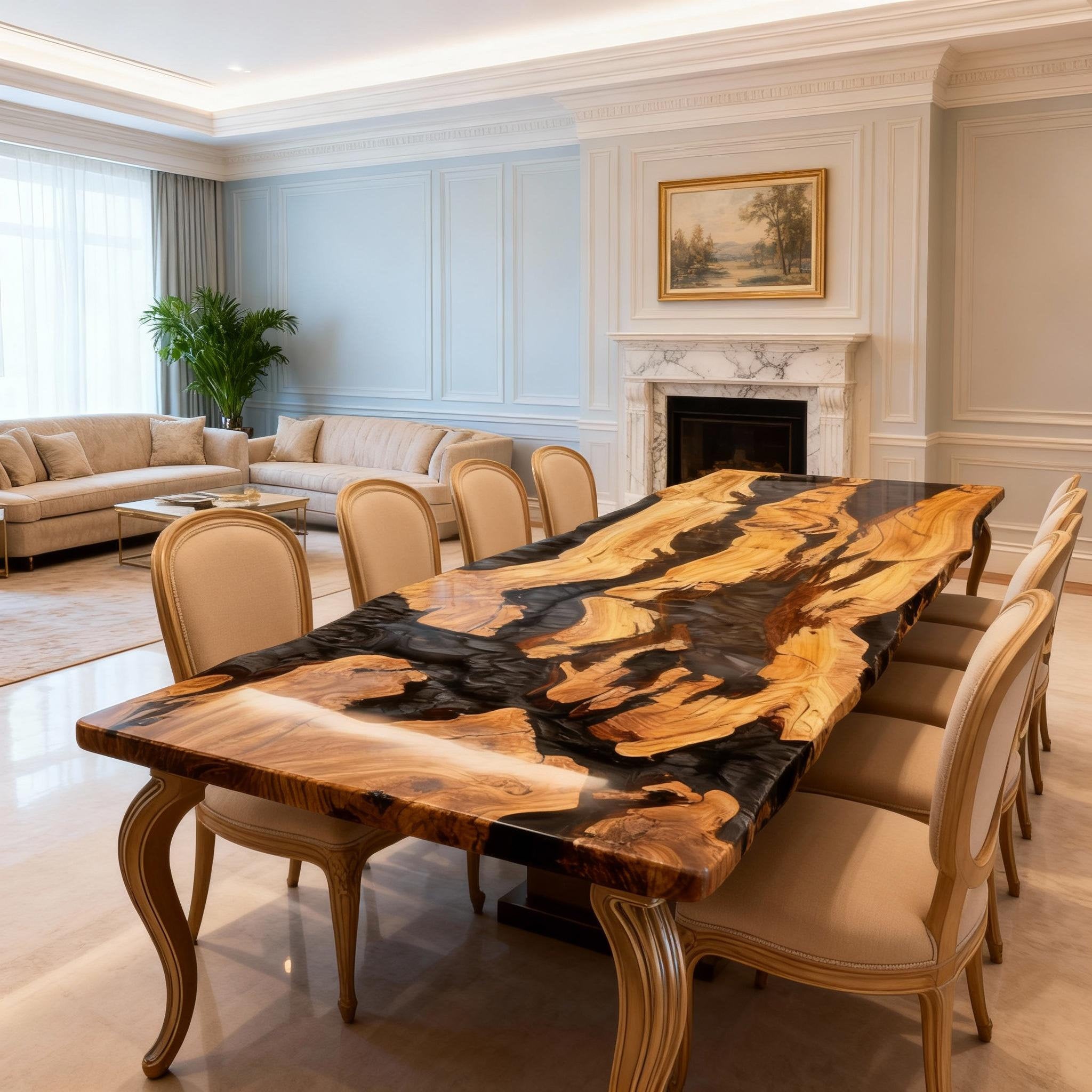 Table rivière sur mesure en résine époxy et bois d'olivier, résine Black Pearl JKT-583