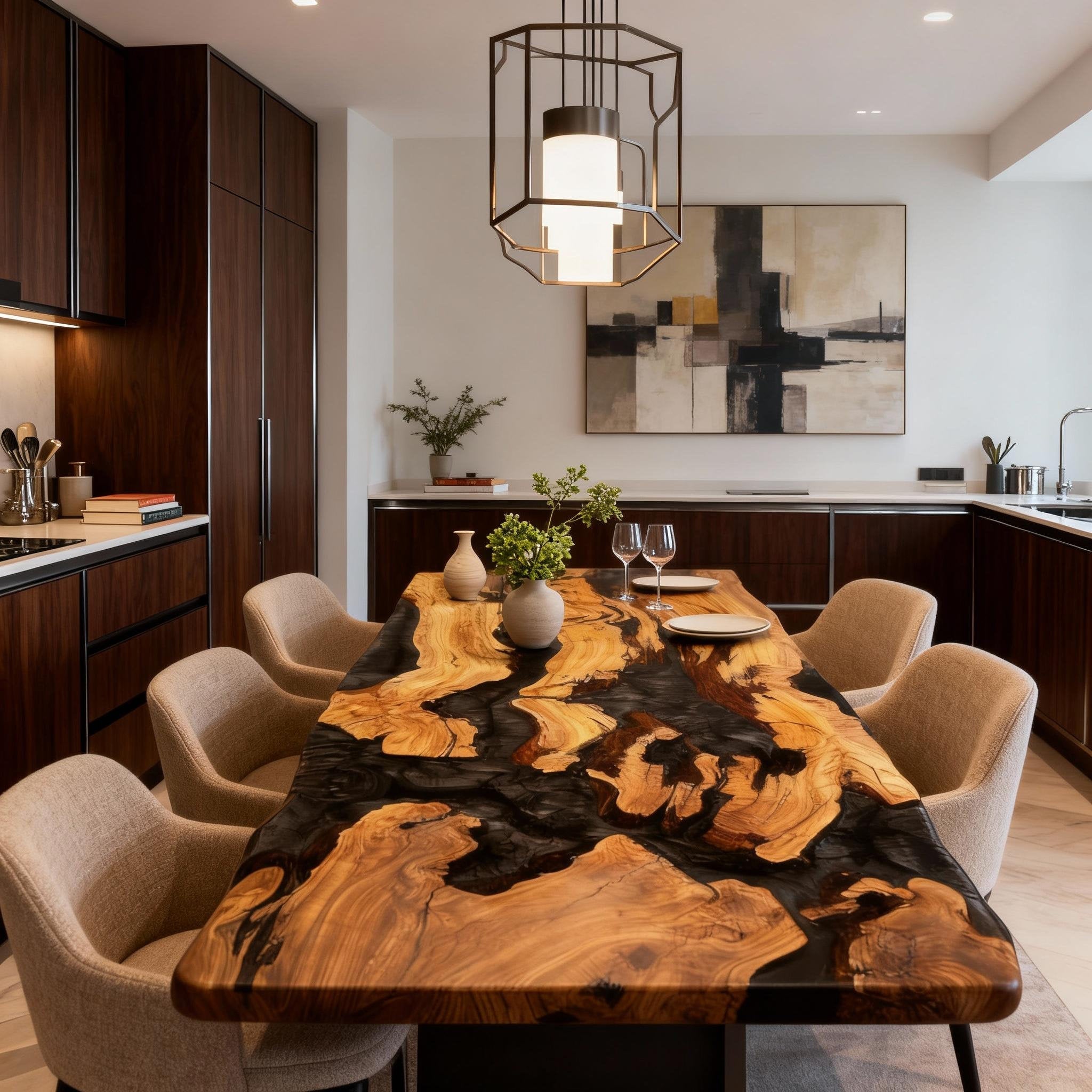 Table rivière sur mesure en résine époxy et bois d'olivier, résine Black Pearl JKT-583