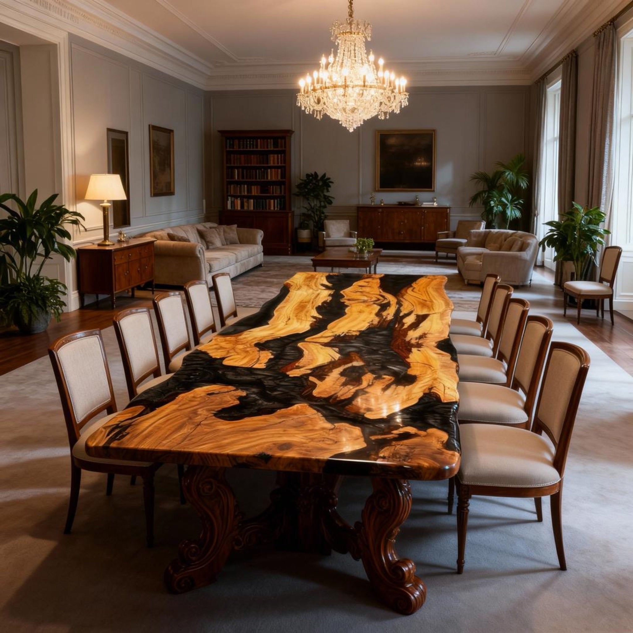 Table rivière sur mesure en résine époxy et bois d'olivier, résine Black Pearl JKT-583