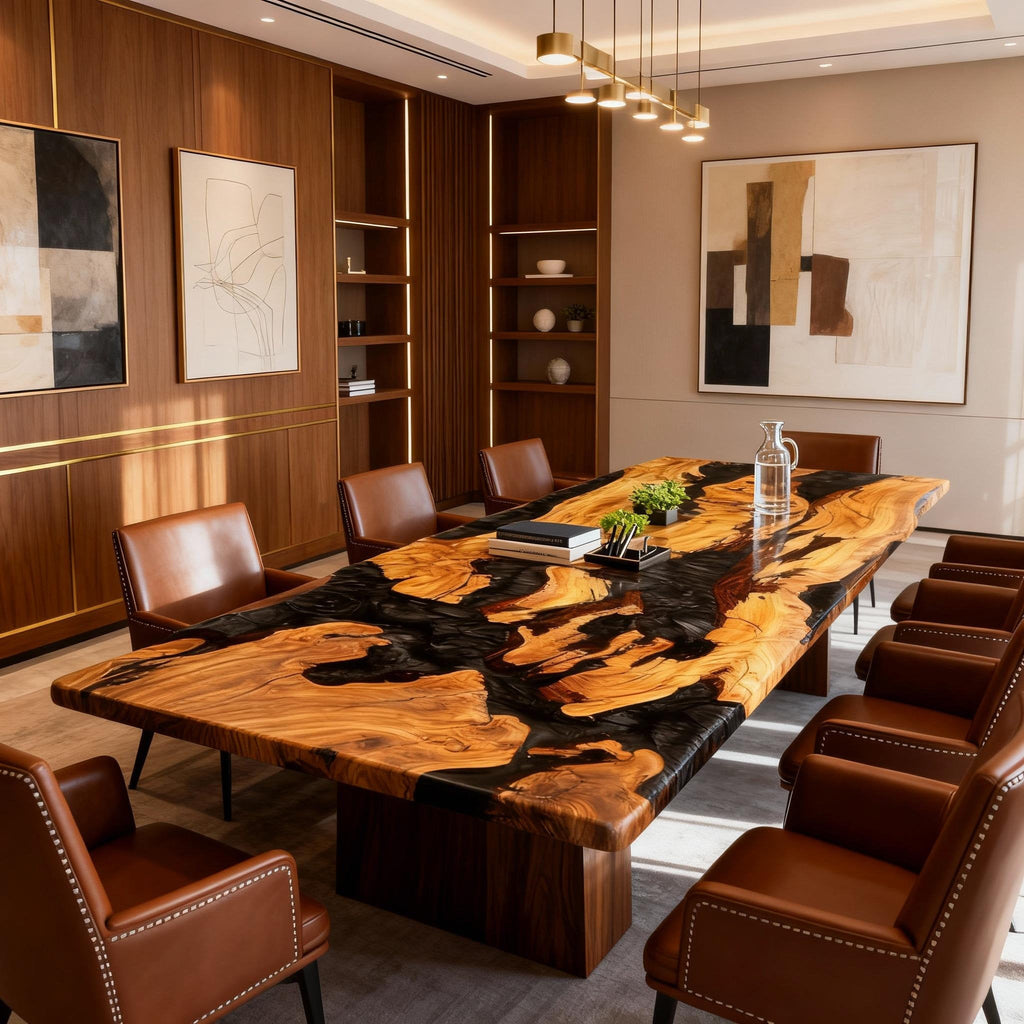 Table rivière sur mesure en résine époxy et bois d'olivier, résine Black Pearl JKT-583