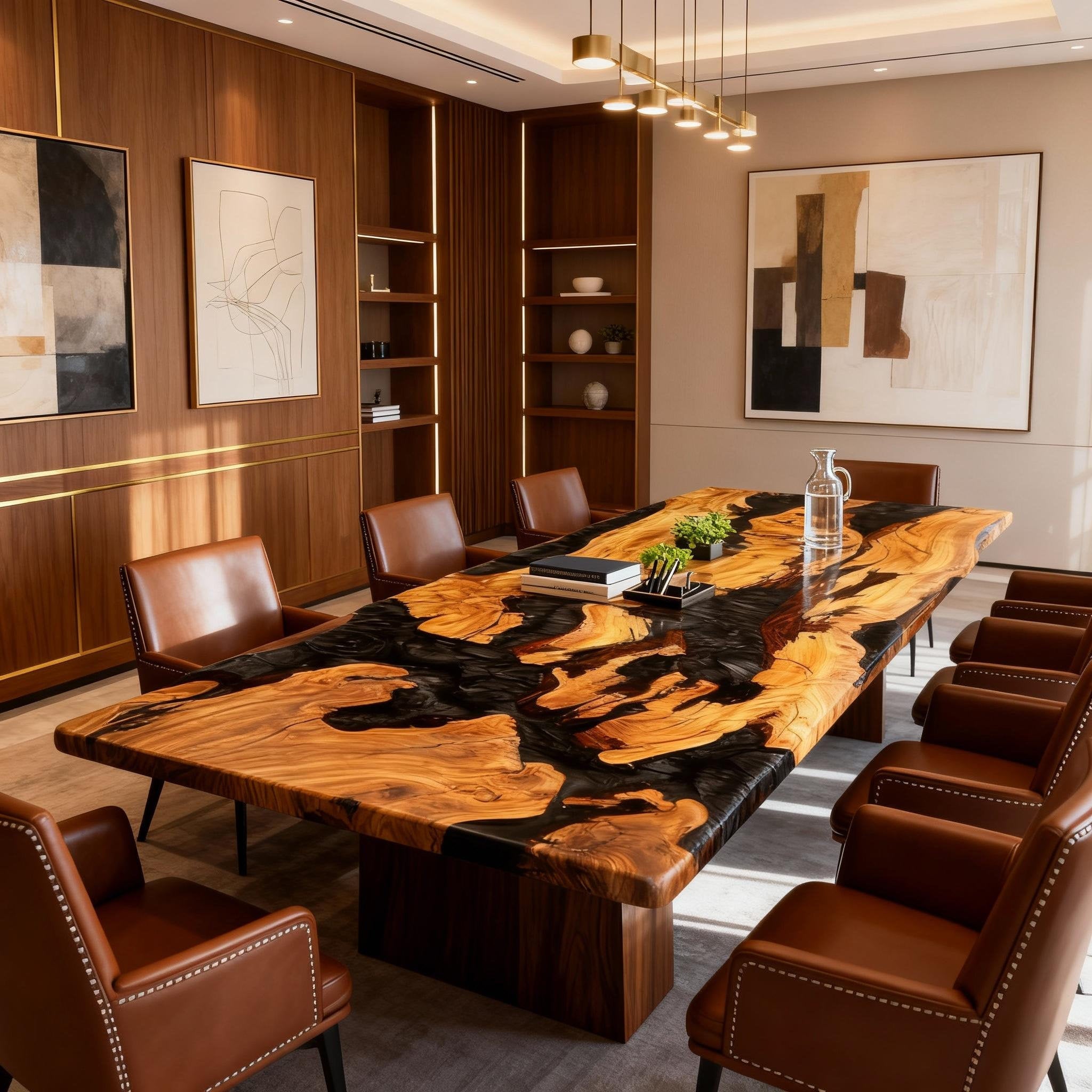 Table rivière sur mesure en résine époxy et bois d'olivier, résine Black Pearl JKT-583