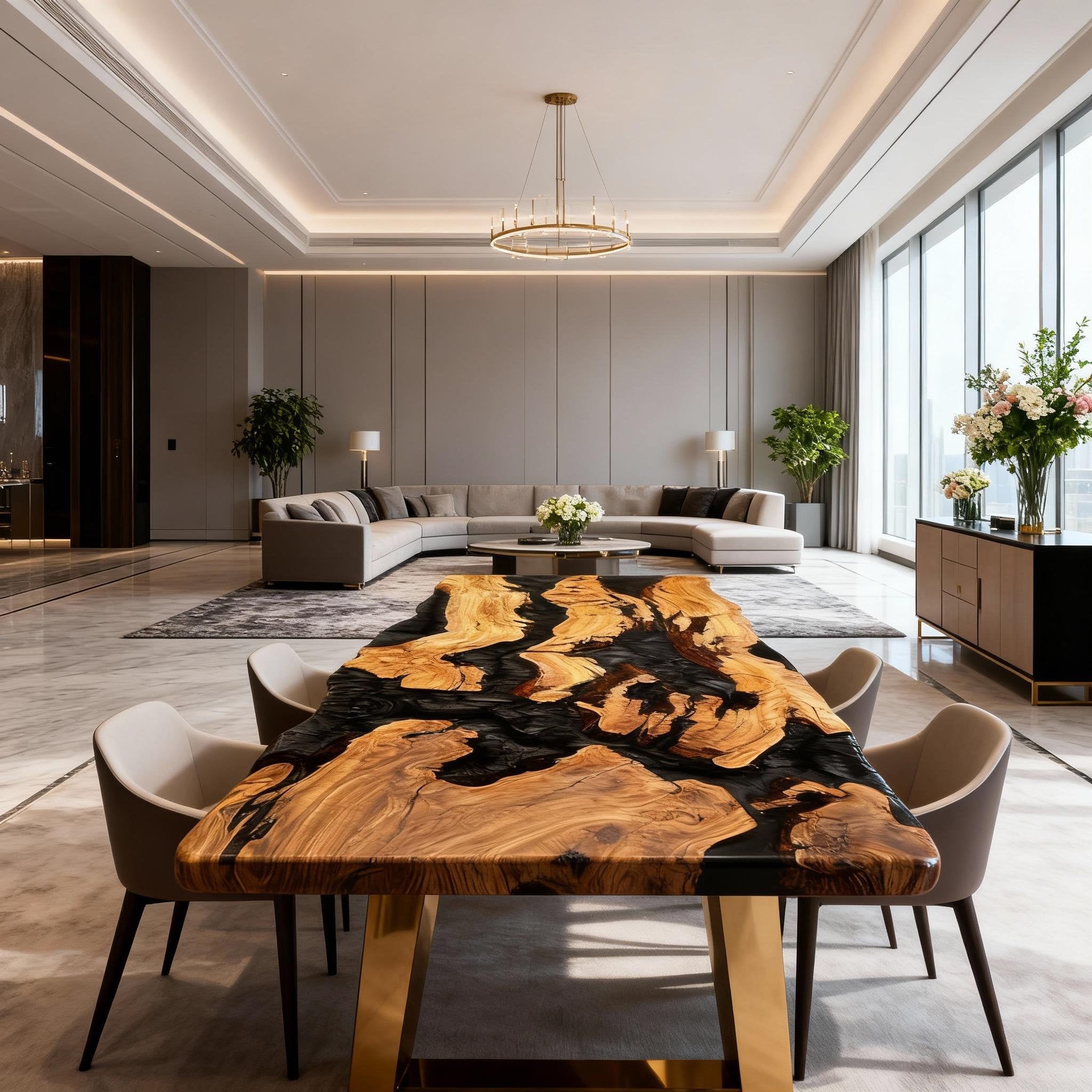 Table rivière sur mesure en résine époxy et bois d'olivier, résine Black Pearl JKT-583