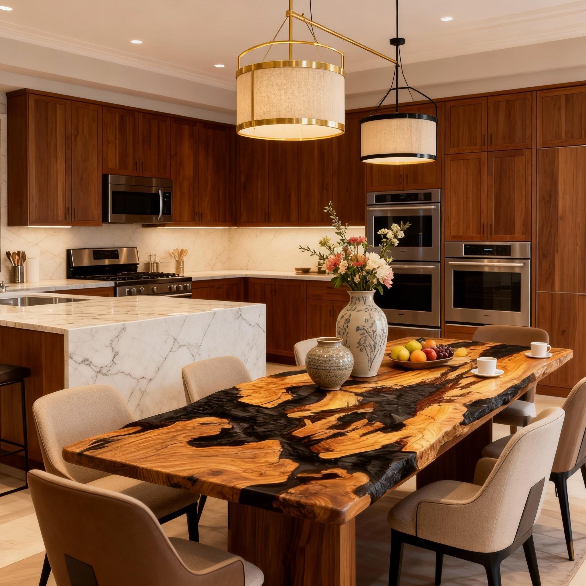 Table rivière sur mesure en résine époxy et bois d'olivier, résine Black Pearl JKT-583