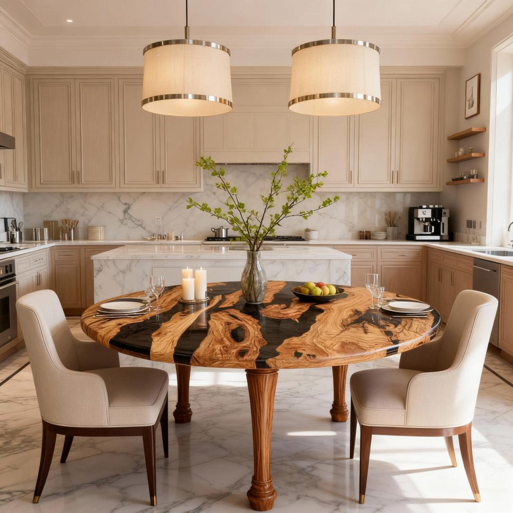 Table rivière sur mesure en résine époxy et bois d'olivier, résine Black Pearl VJR-593