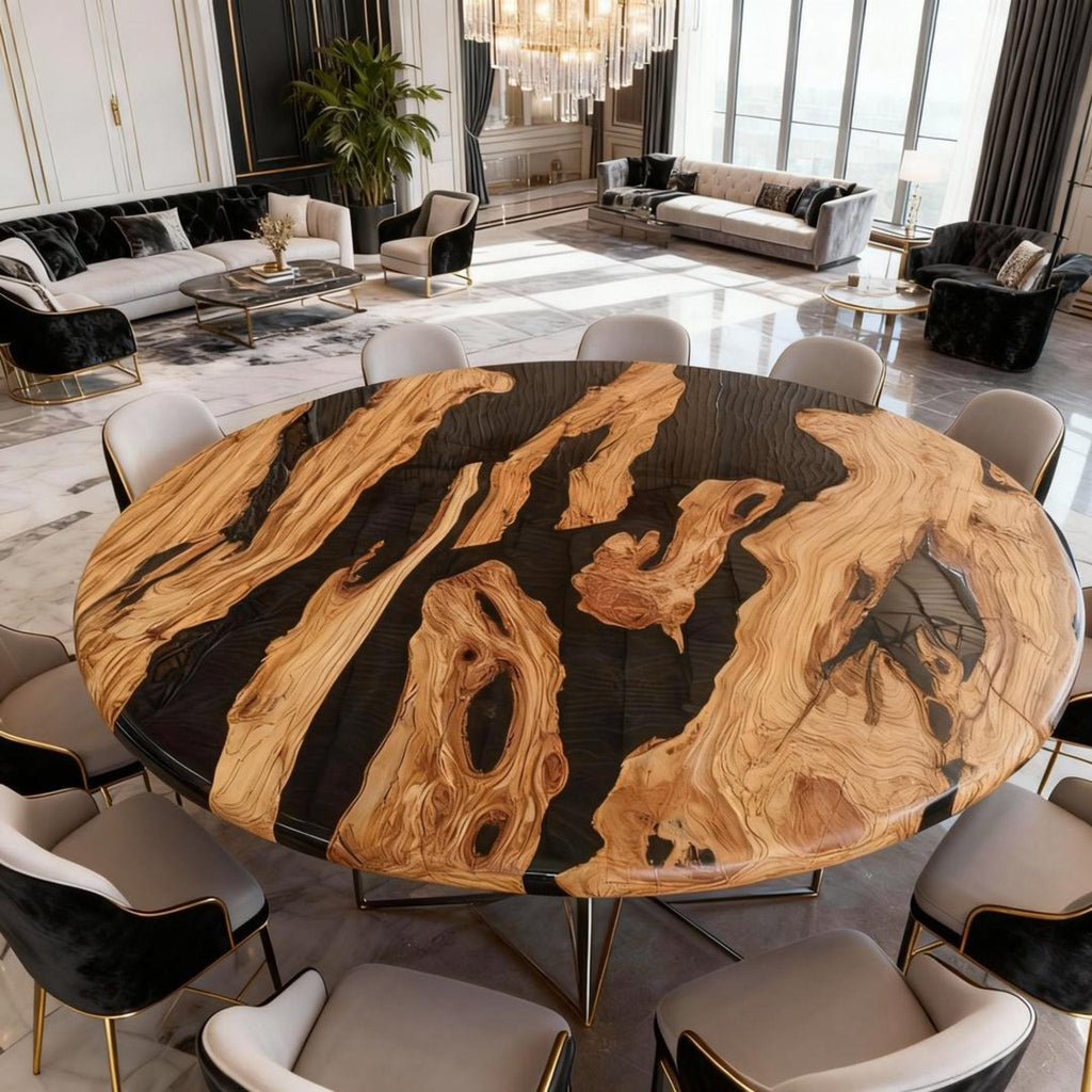 Table rivière sur mesure en résine époxy et bois d'olivier, résine Black Pearl VJR-593