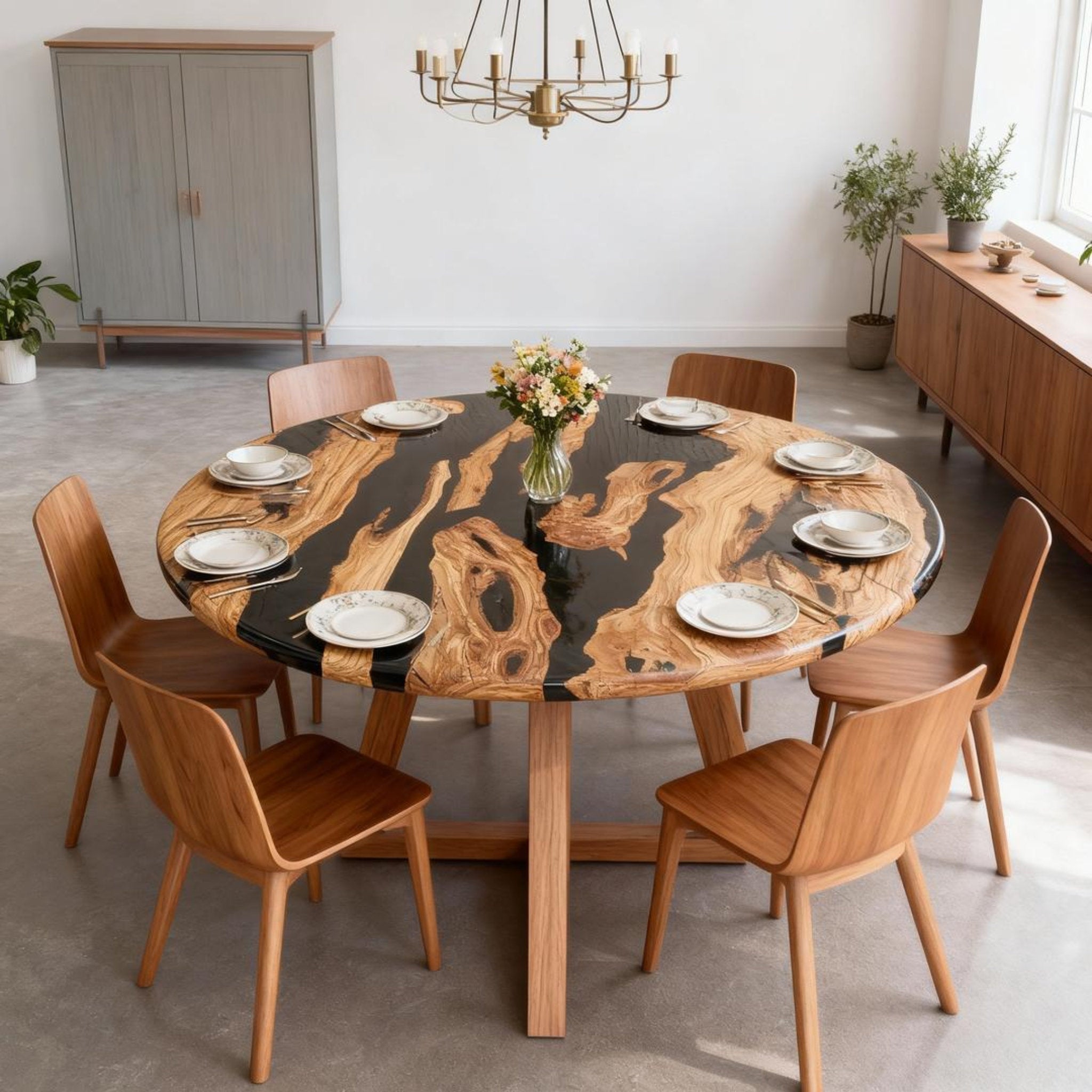 Table rivière sur mesure en résine époxy et bois d'olivier, résine Black Pearl VJR-593