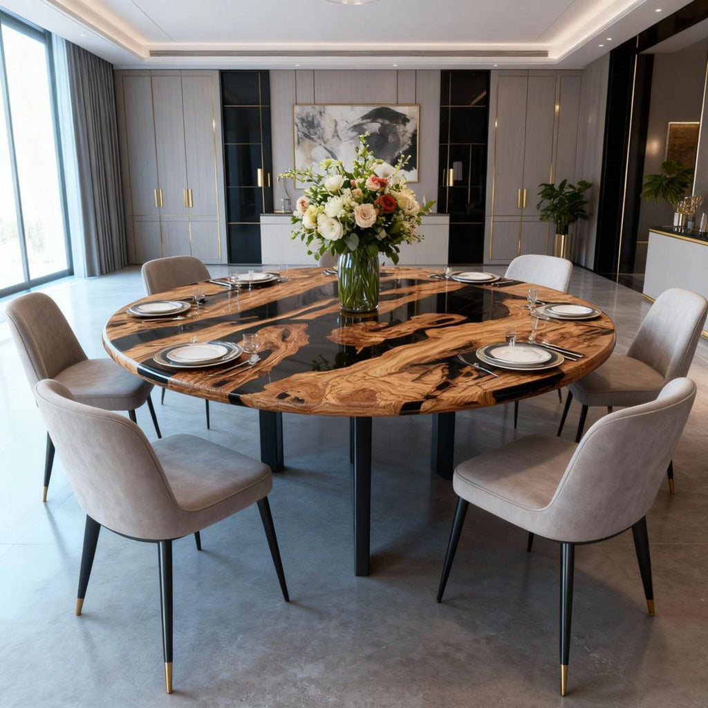 Table rivière sur mesure en résine époxy et bois d'olivier, résine Black Pearl VJR-593