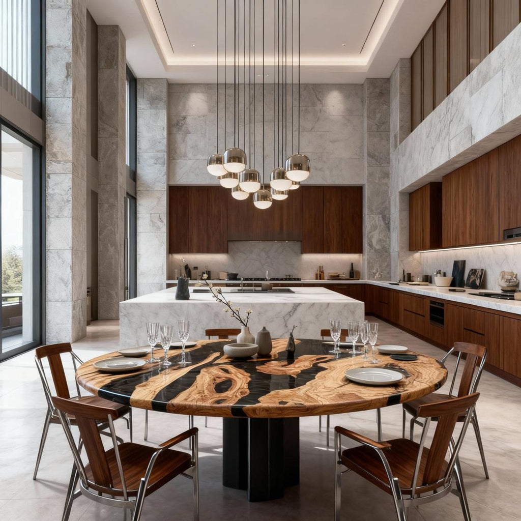 Table rivière sur mesure en résine époxy et bois d'olivier, résine Black Pearl VJR-593