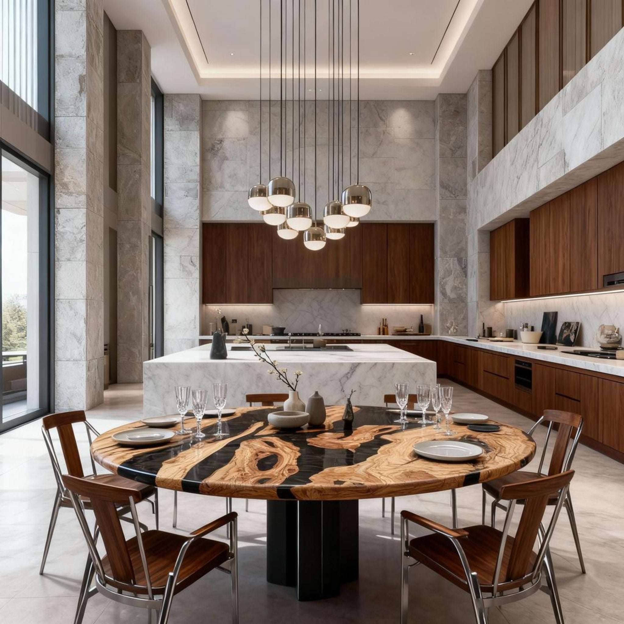 Table rivière sur mesure en résine époxy et bois d'olivier, résine Black Pearl VJR-593