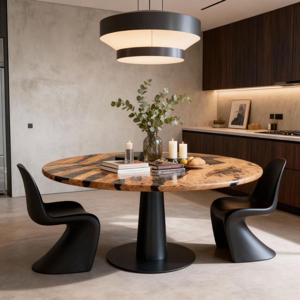 Table rivière sur mesure en résine époxy et bois d'olivier, résine Black Pearl VJR-593