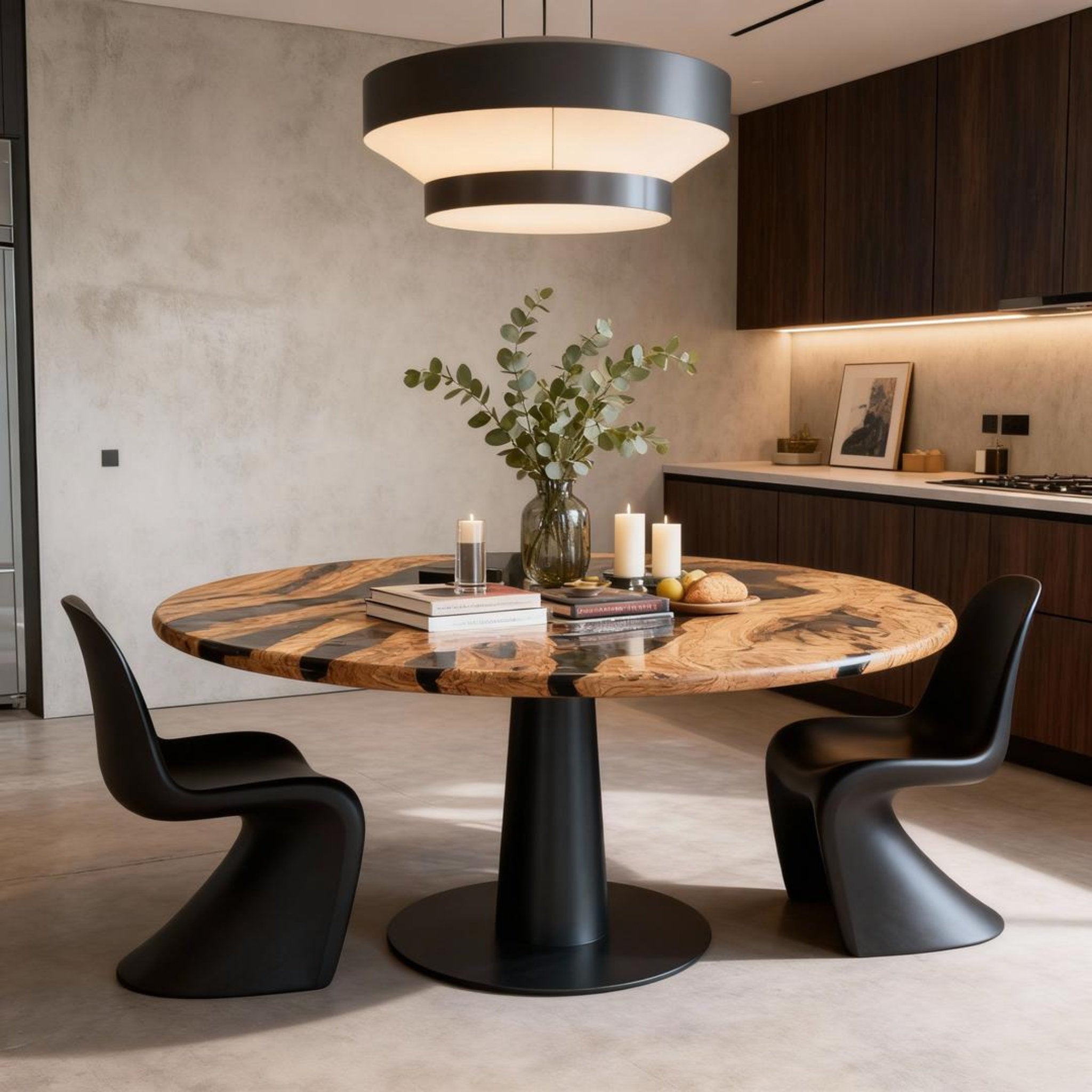 Table rivière sur mesure en résine époxy et bois d'olivier, résine Black Pearl VJR-593