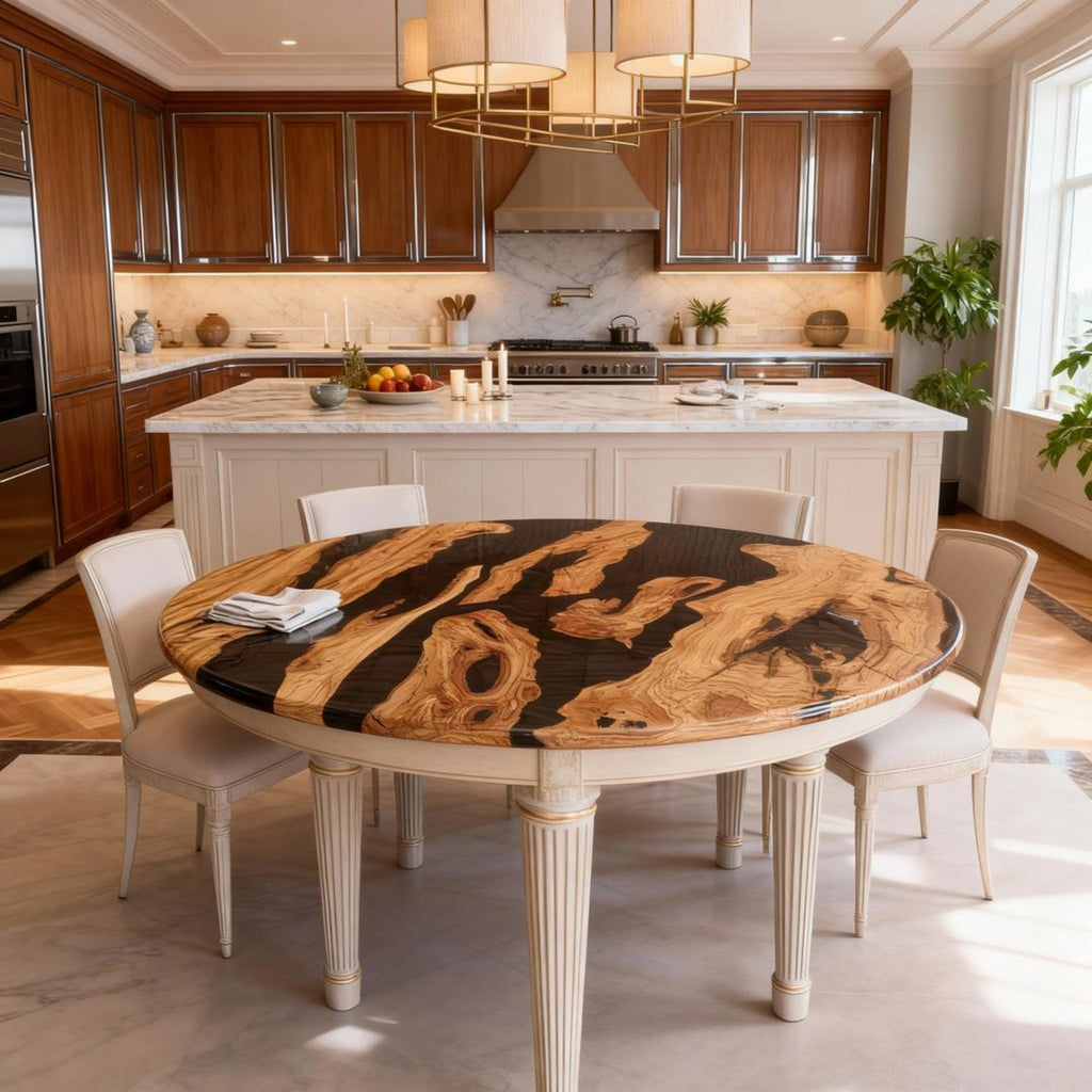 Table rivière sur mesure en résine époxy et bois d'olivier, résine Black Pearl VJR-593