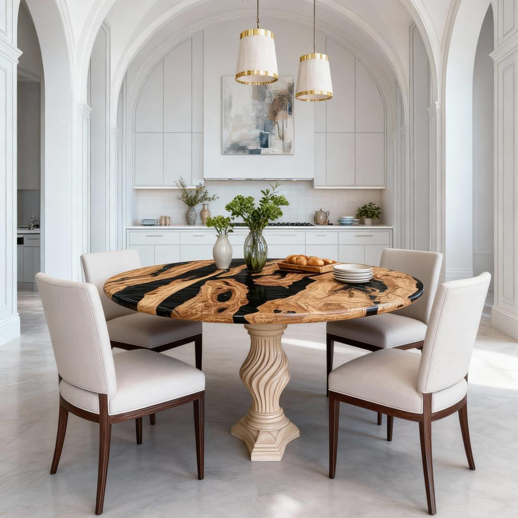 Table rivière sur mesure en résine époxy et bois d'olivier, résine Black Pearl VJR-593