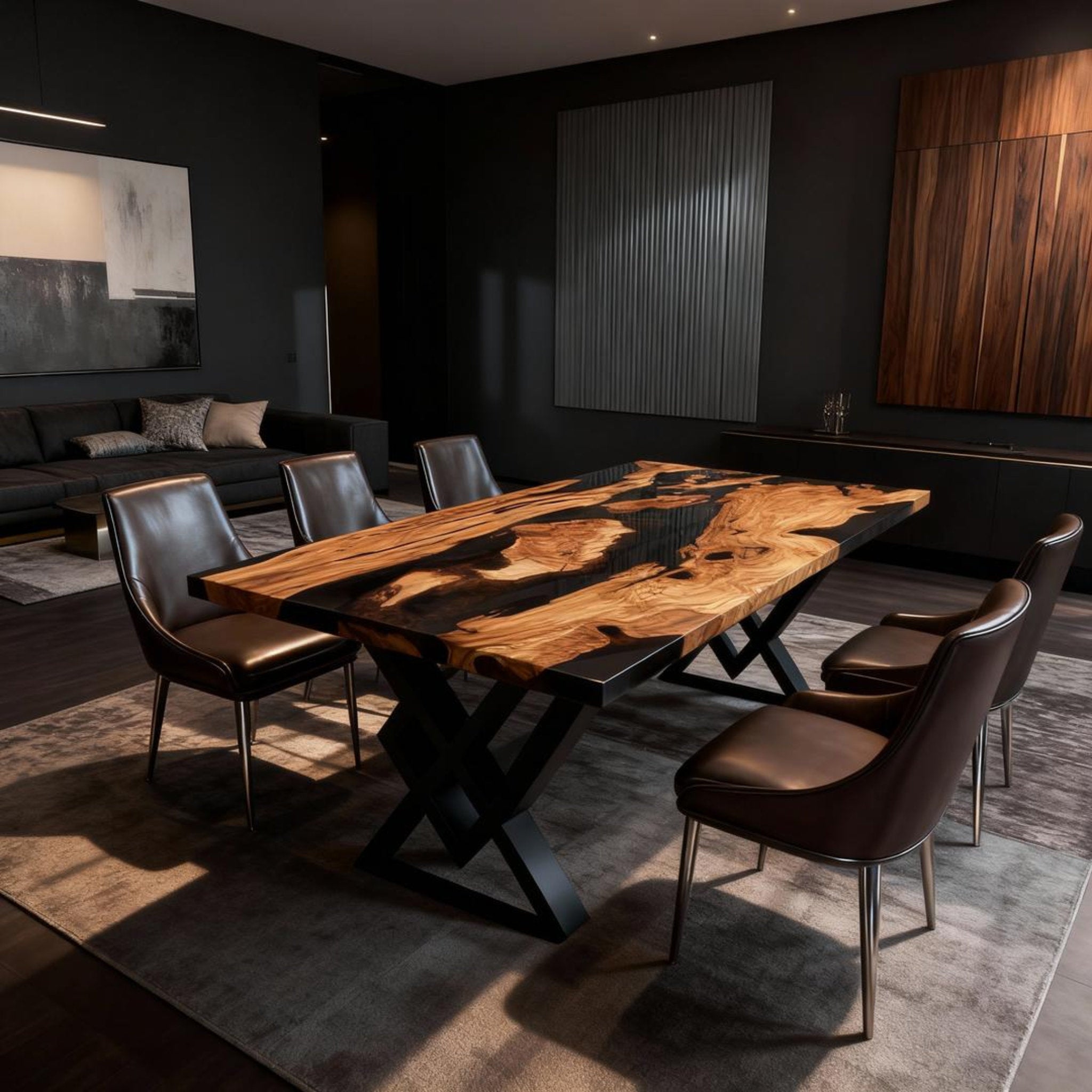 Table rivière sur mesure en bois d'olivier et résine époxy Black Pearl VKM-582