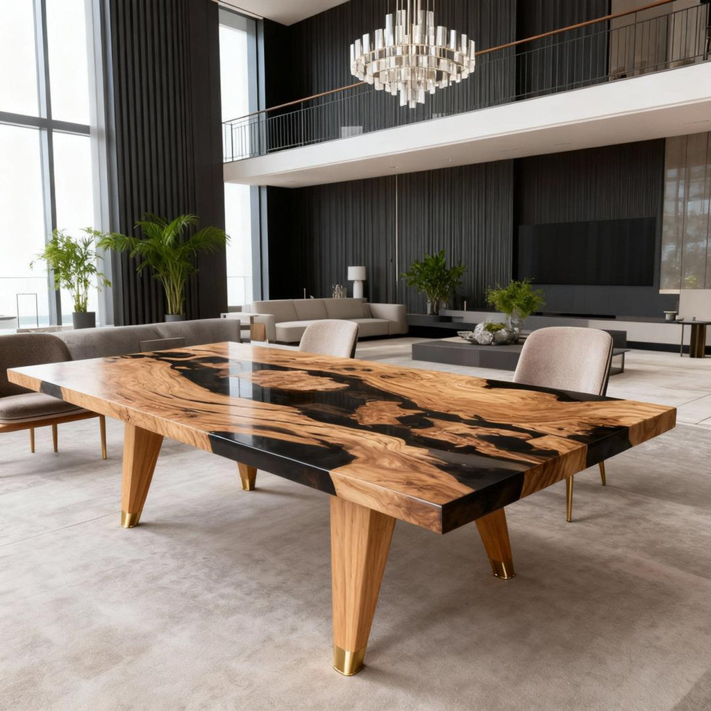 Table rivière sur mesure en bois d'olivier et résine époxy Black Pearl VKM-582