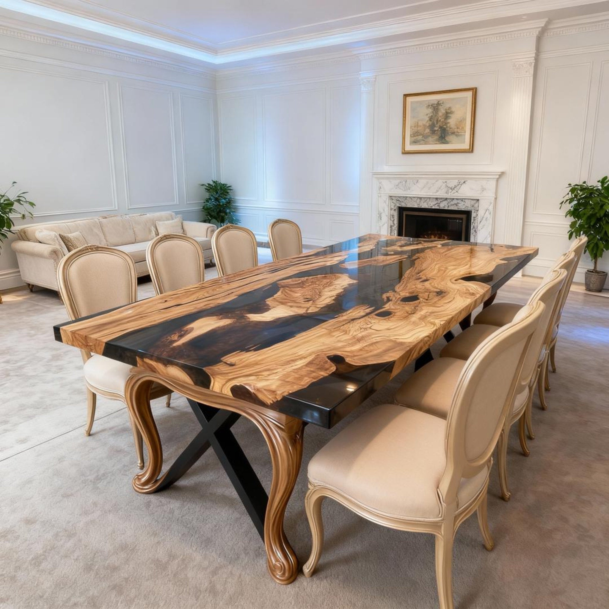 Table rivière sur mesure en bois d'olivier et résine époxy Black Pearl VKM-582