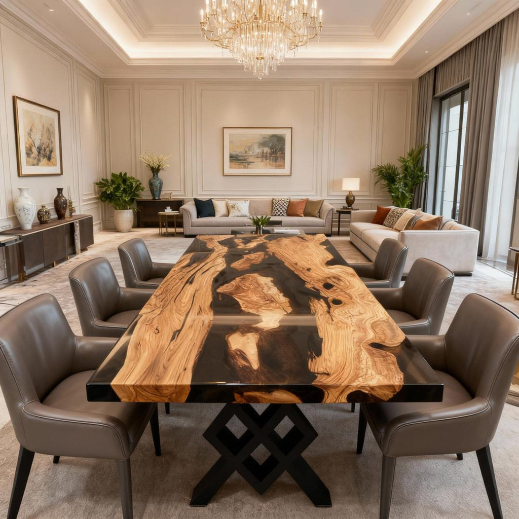 Table rivière sur mesure en bois d'olivier et résine époxy Black Pearl VKM-582