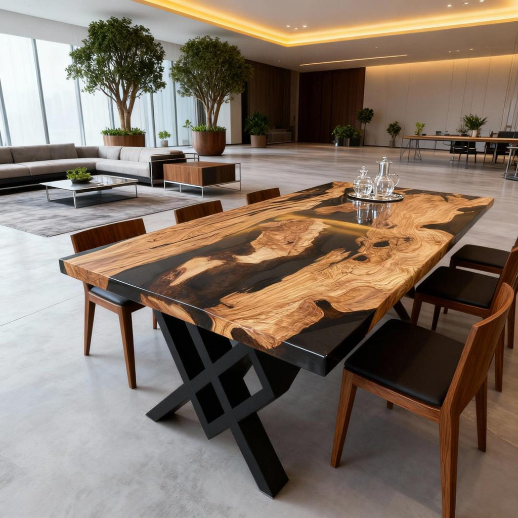 Table rivière sur mesure en bois d'olivier et résine époxy Black Pearl VKM-582