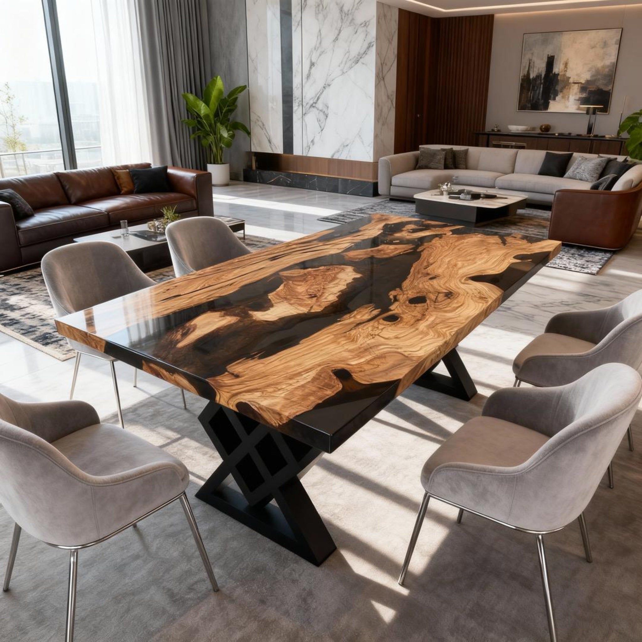 Table rivière sur mesure en bois d'olivier et résine époxy Black Pearl VKM-582