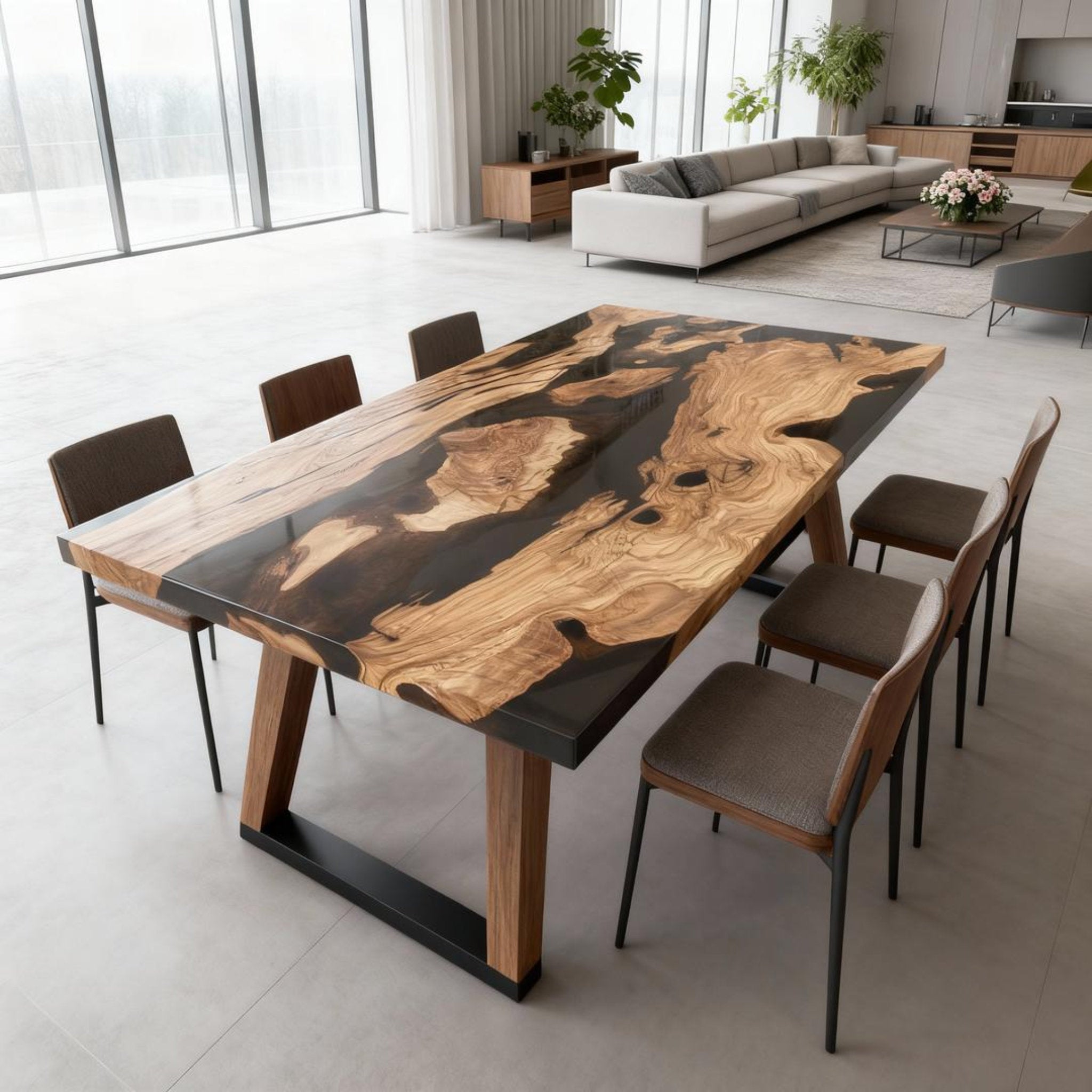 Table rivière sur mesure en bois d'olivier et résine époxy Black Pearl VKM-582