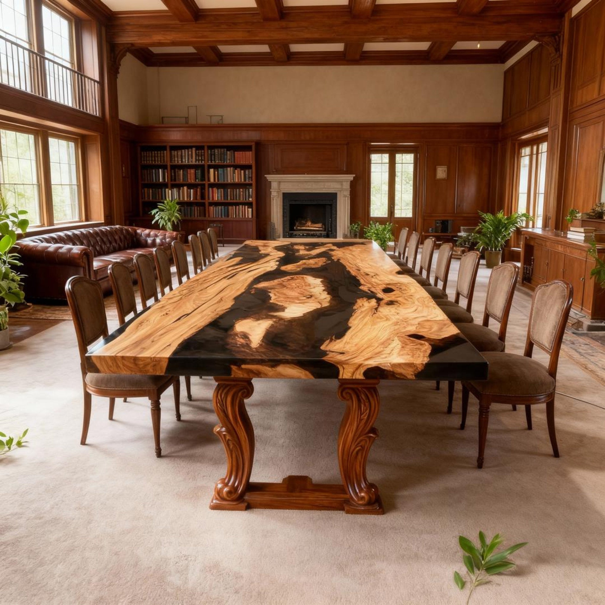 Table rivière sur mesure en bois d'olivier et résine époxy Black Pearl VKM-582