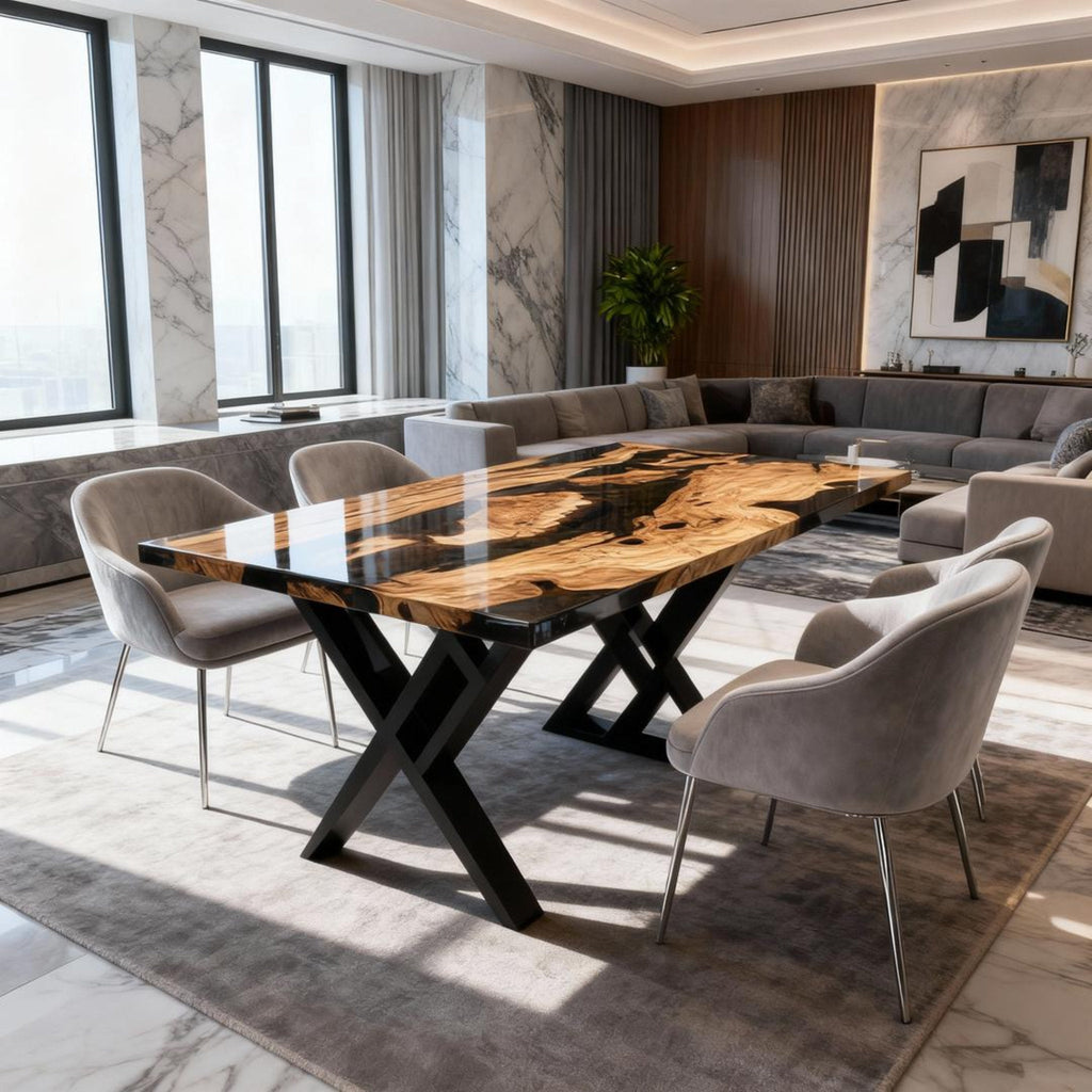 Table rivière sur mesure en bois d'olivier et résine époxy Black Pearl VKM-582