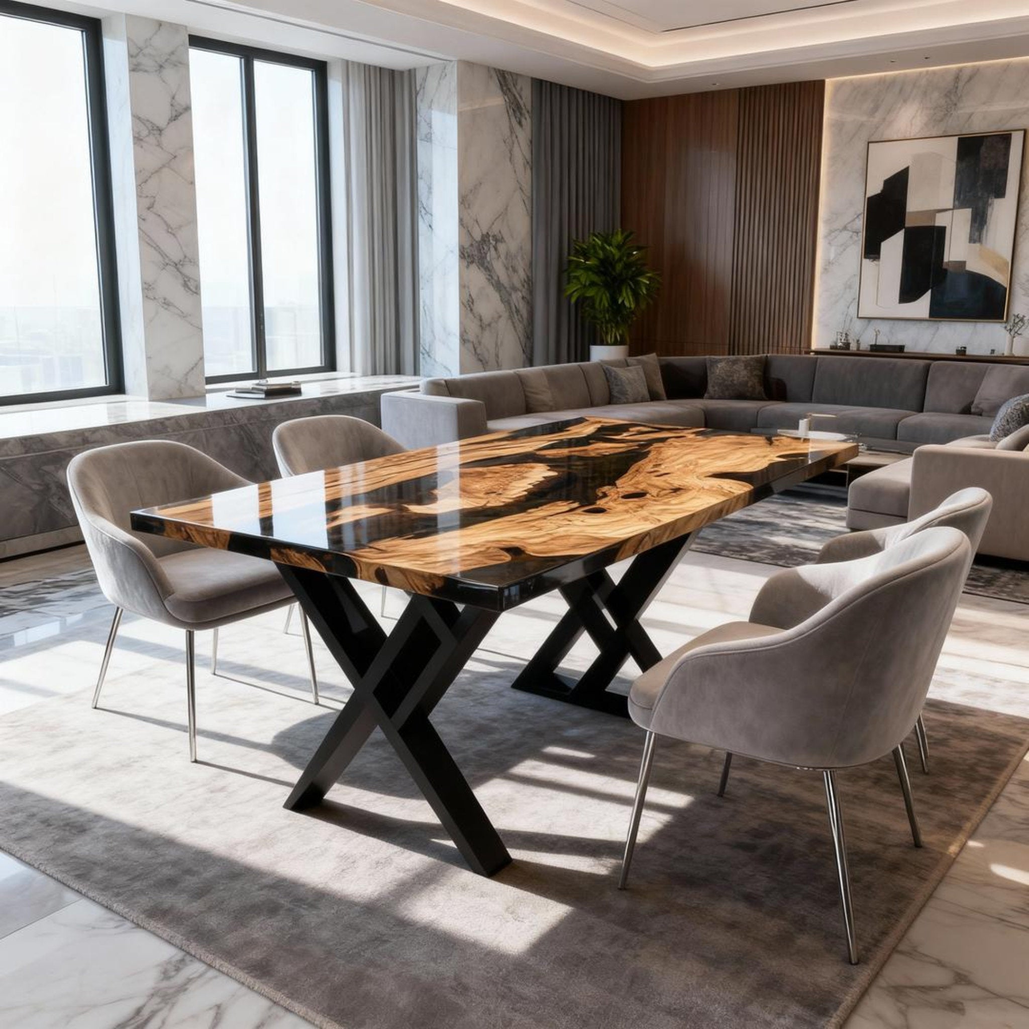 Table rivière sur mesure en bois d'olivier et résine époxy Black Pearl VKM-582