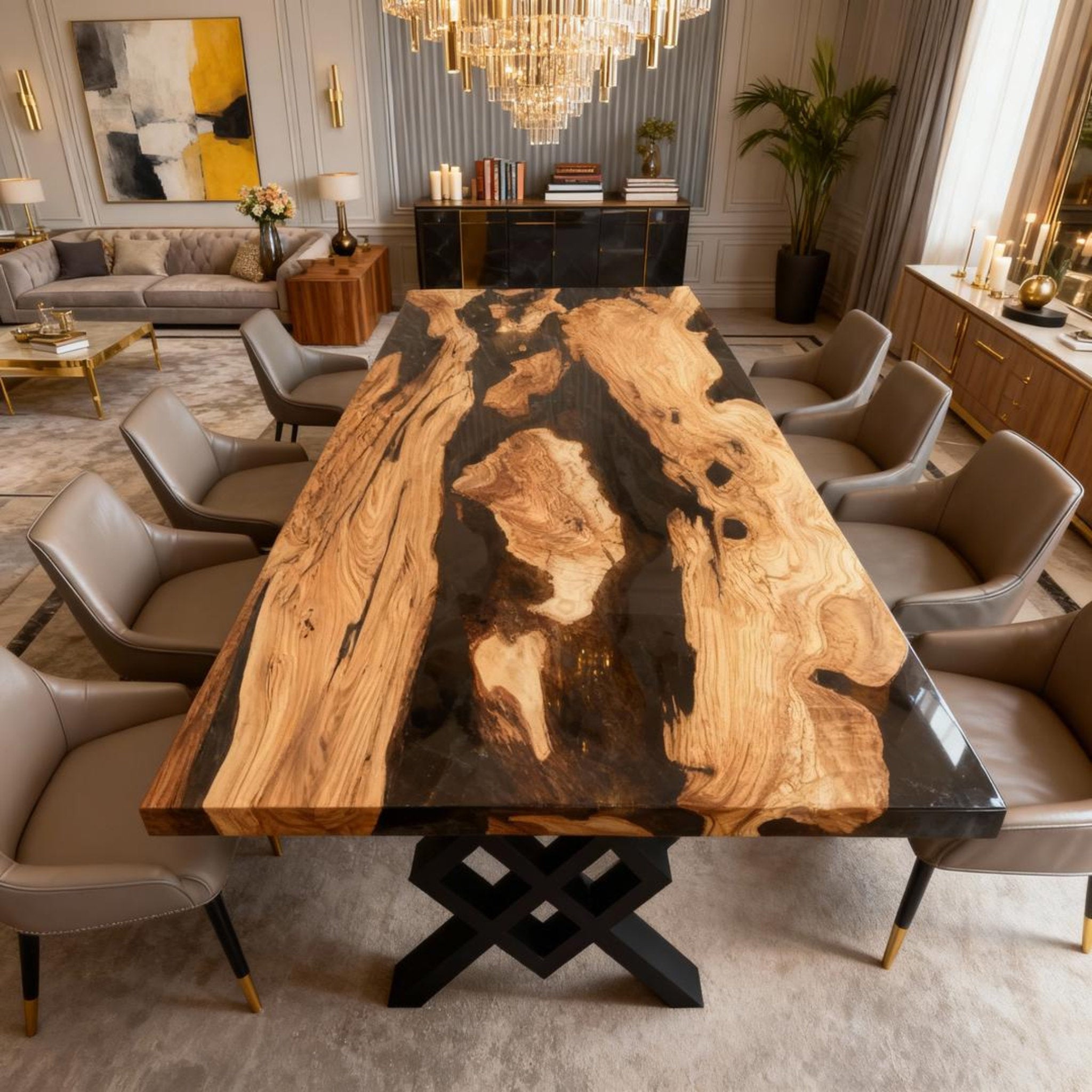 Table rivière sur mesure en bois d'olivier et résine époxy Black Pearl VKM-582