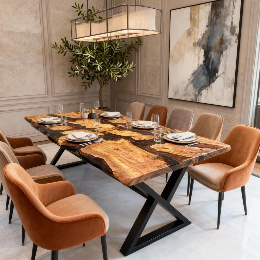 Table rivière sur mesure en bois d'olivier et résine époxy Black Pearl VKS-728