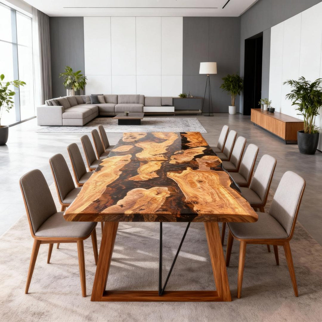 Table rivière sur mesure en bois d'olivier et résine époxy Black Pearl VKS-728