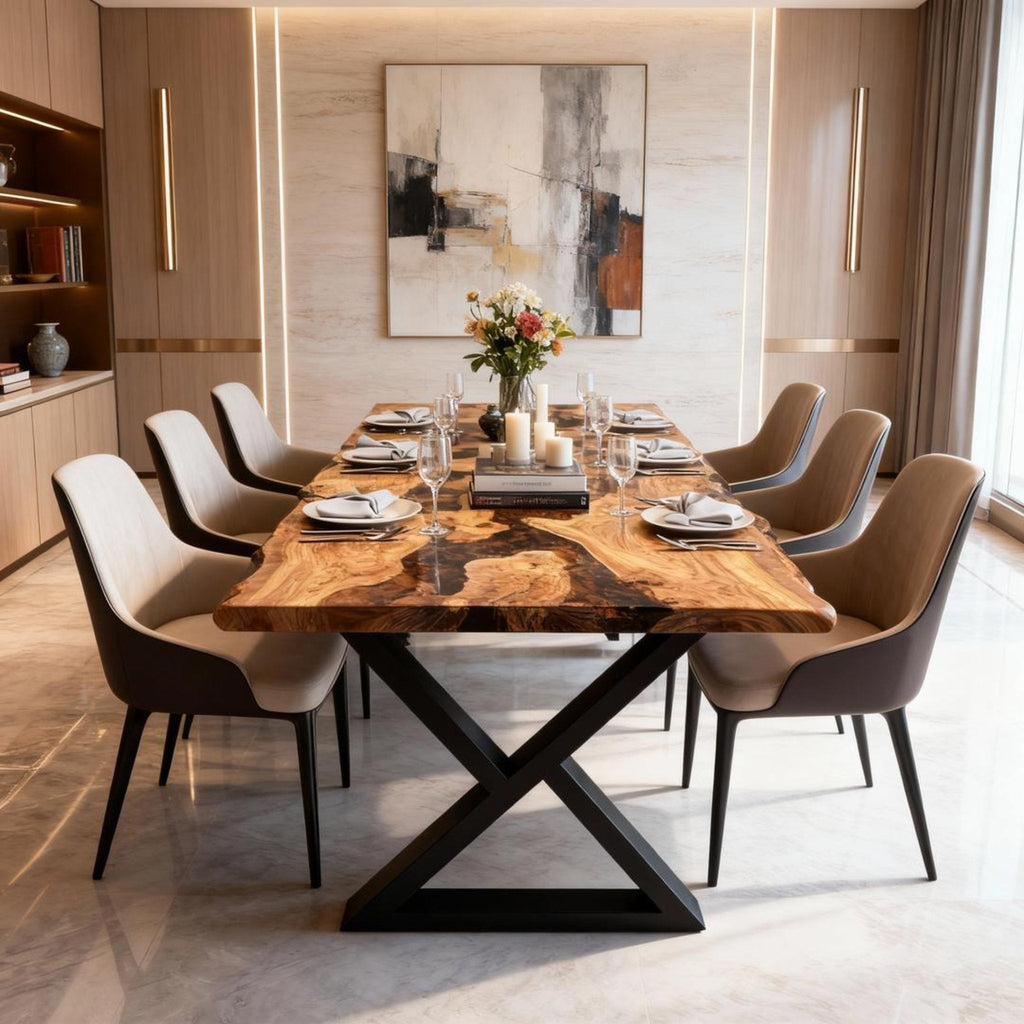 Table rivière sur mesure en bois d'olivier et résine époxy Black Pearl VKS-728