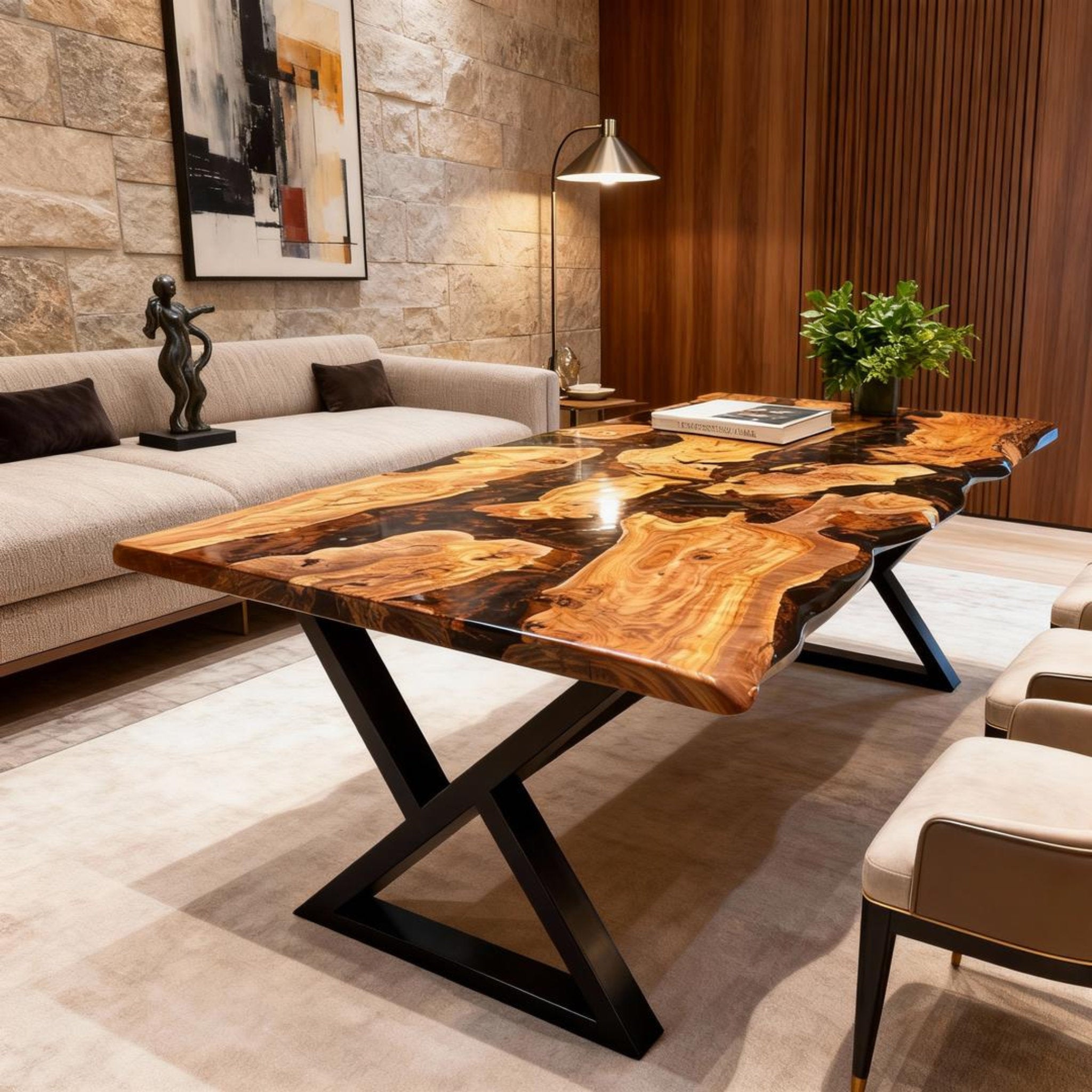 Table rivière sur mesure en bois d'olivier et résine époxy Black Pearl VKS-728