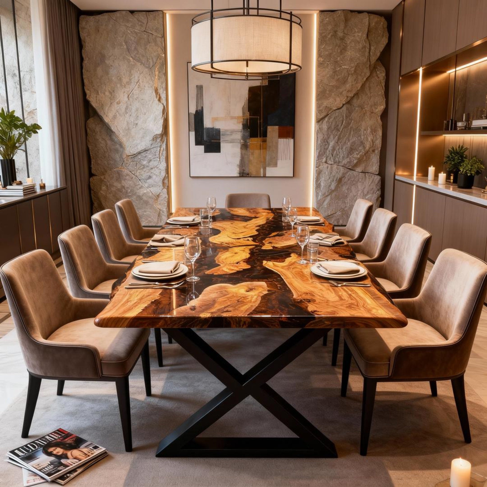 Table rivière sur mesure en bois d'olivier et résine époxy Black Pearl VKS-728