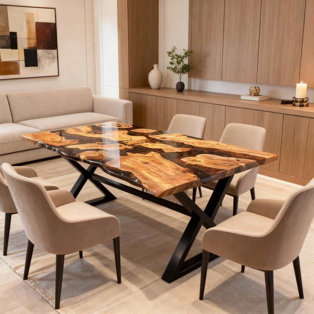 Table rivière sur mesure en bois d'olivier et résine époxy Black Pearl VKS-728