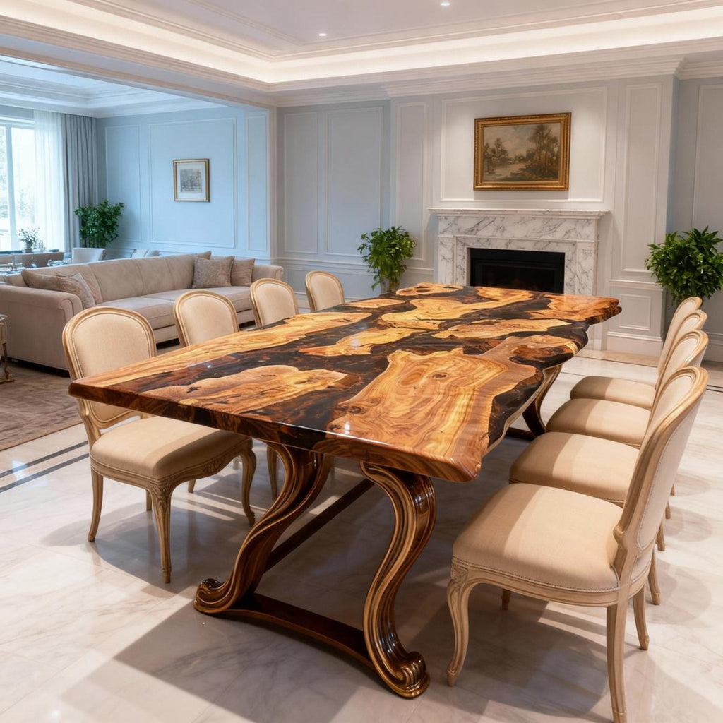 Table rivière sur mesure en bois d'olivier et résine époxy Black Pearl VKS-728