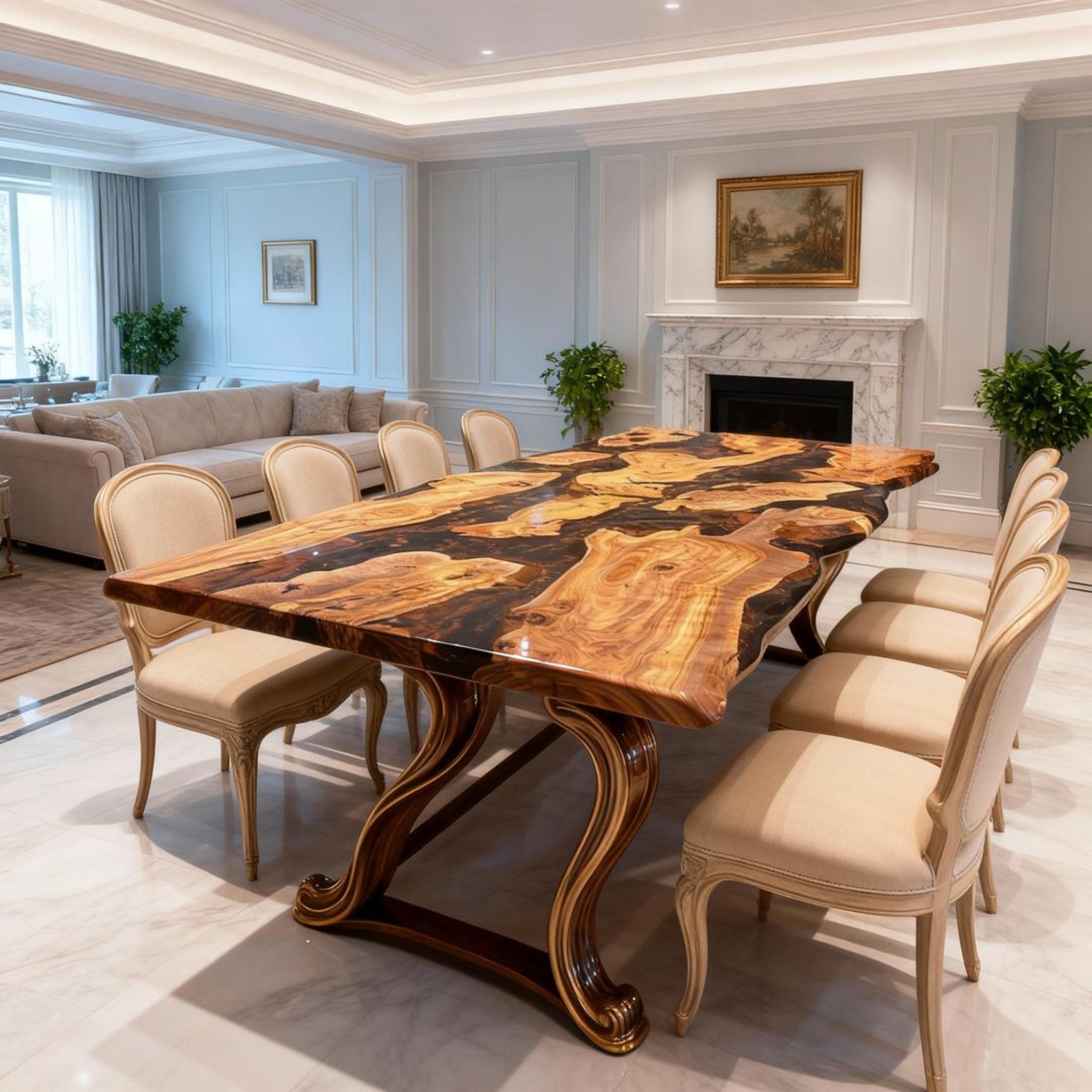 Table rivière sur mesure en bois d'olivier et résine époxy Black Pearl VKS-728