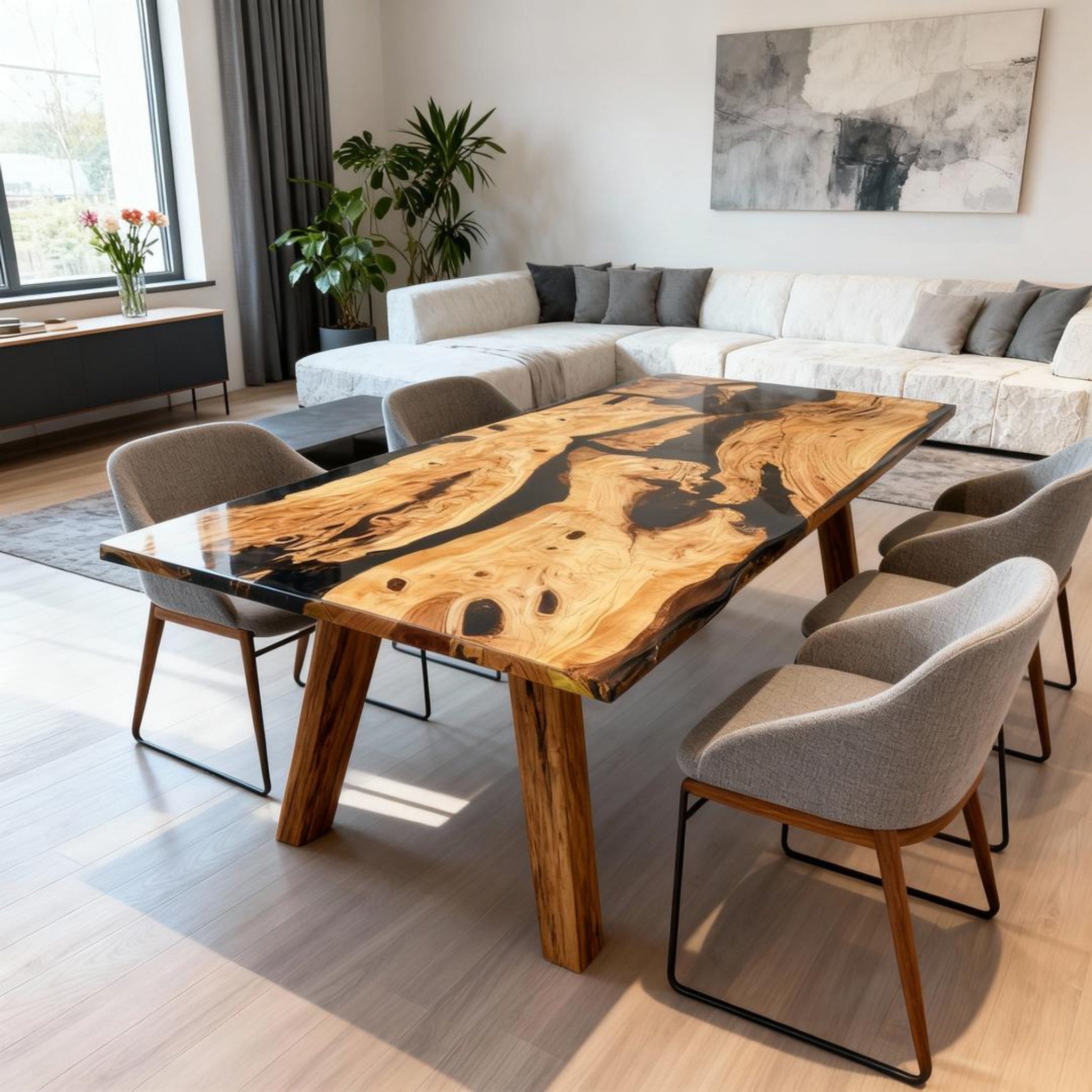 Table rivière sur mesure en bois d'olivier et résine époxy Black Pearl VRY-638