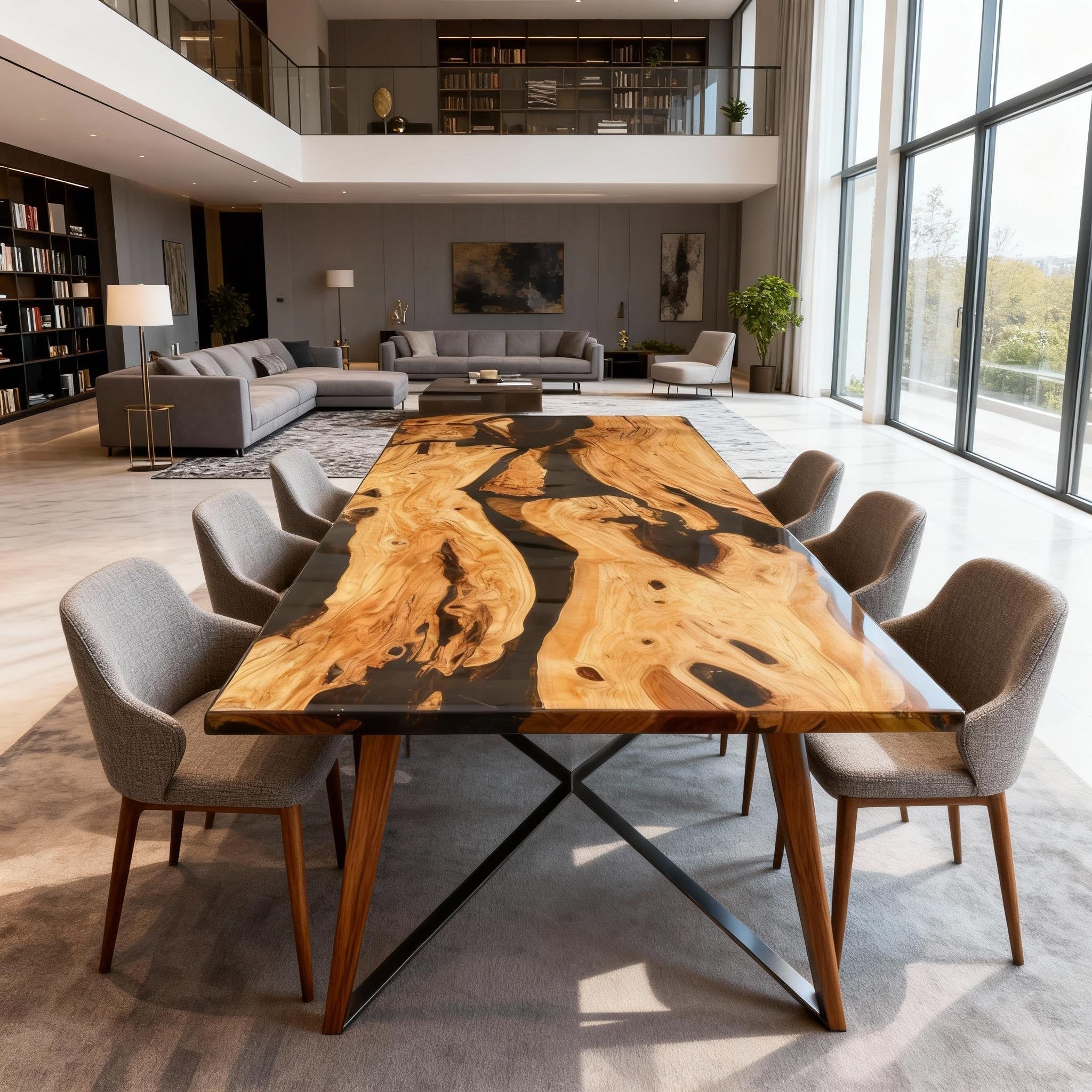 Table rivière sur mesure en bois d'olivier et résine époxy Black Pearl VRY-638