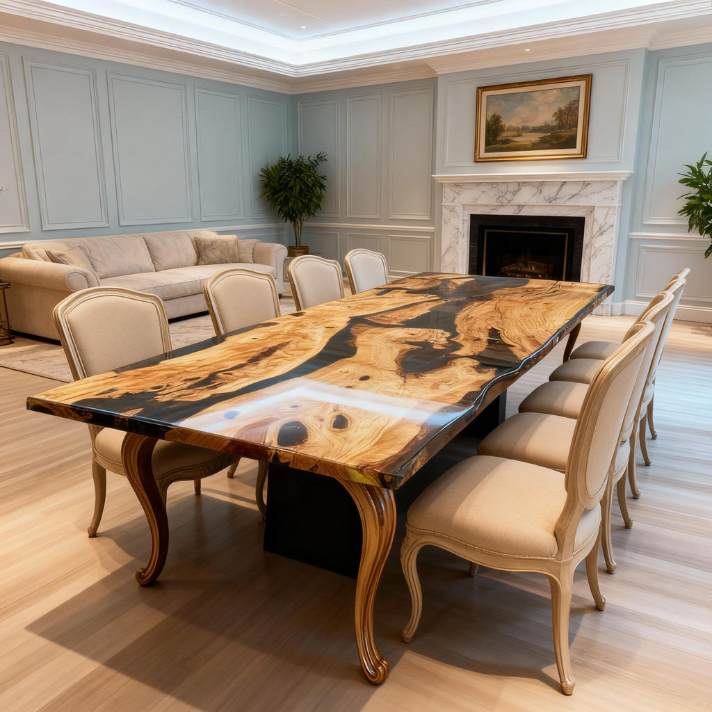 Table rivière sur mesure en bois d'olivier et résine époxy Black Pearl VRY-638